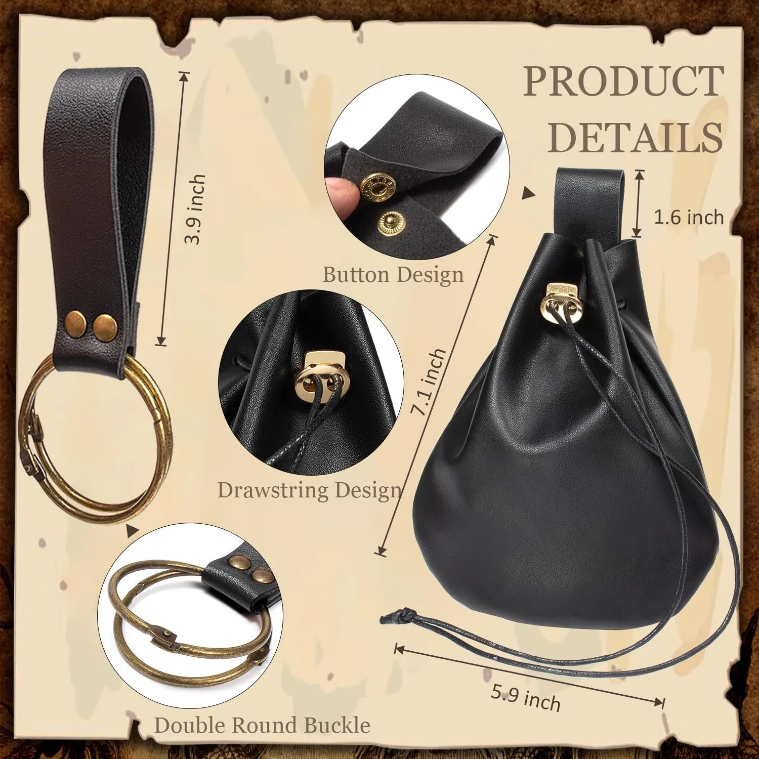 3 Pcs Halloween Renaissance Belt Pouch Coin Purse Phone Holder Skirt Hikes Medieval Viking Pirate Leather Belt Costume Sets (Black)