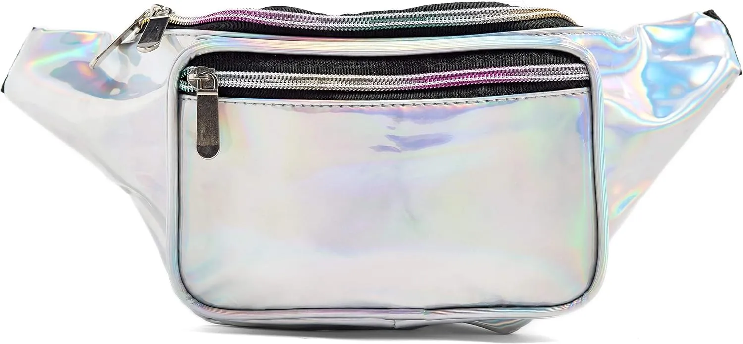 80s Silver Fanny Pack For Women Grils Rave Festival Belts Holographic Waist Packs (Silver)