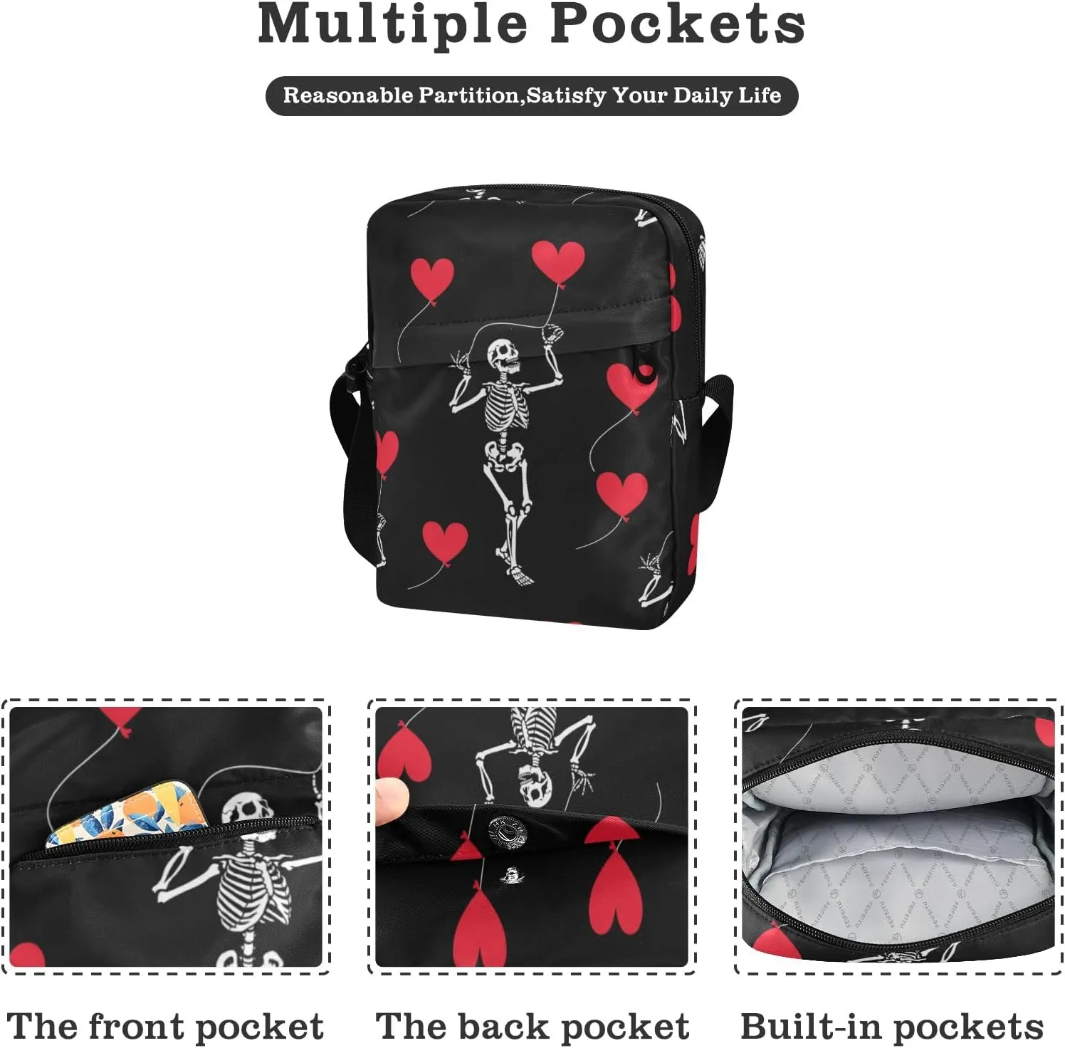 ALAZA Skeleton Heart Crossbody Bag Small Messenger Bag Shoulder Bag with Zipper for Women Men