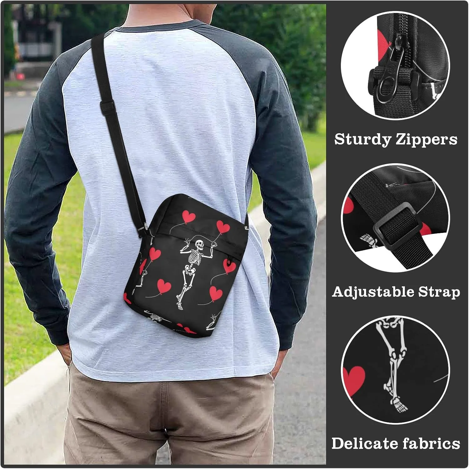 ALAZA Skeleton Heart Crossbody Bag Small Messenger Bag Shoulder Bag with Zipper for Women Men