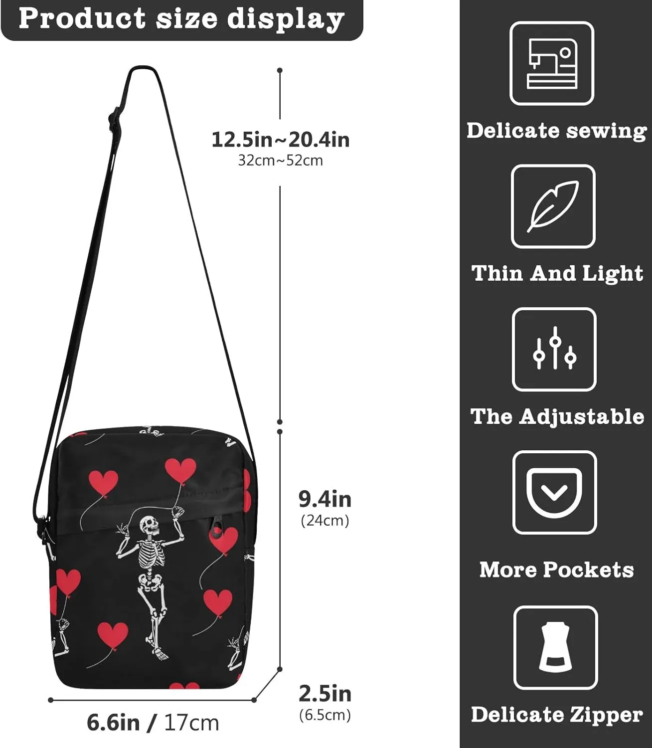 ALAZA Skeleton Heart Crossbody Bag Small Messenger Bag Shoulder Bag with Zipper for Women Men