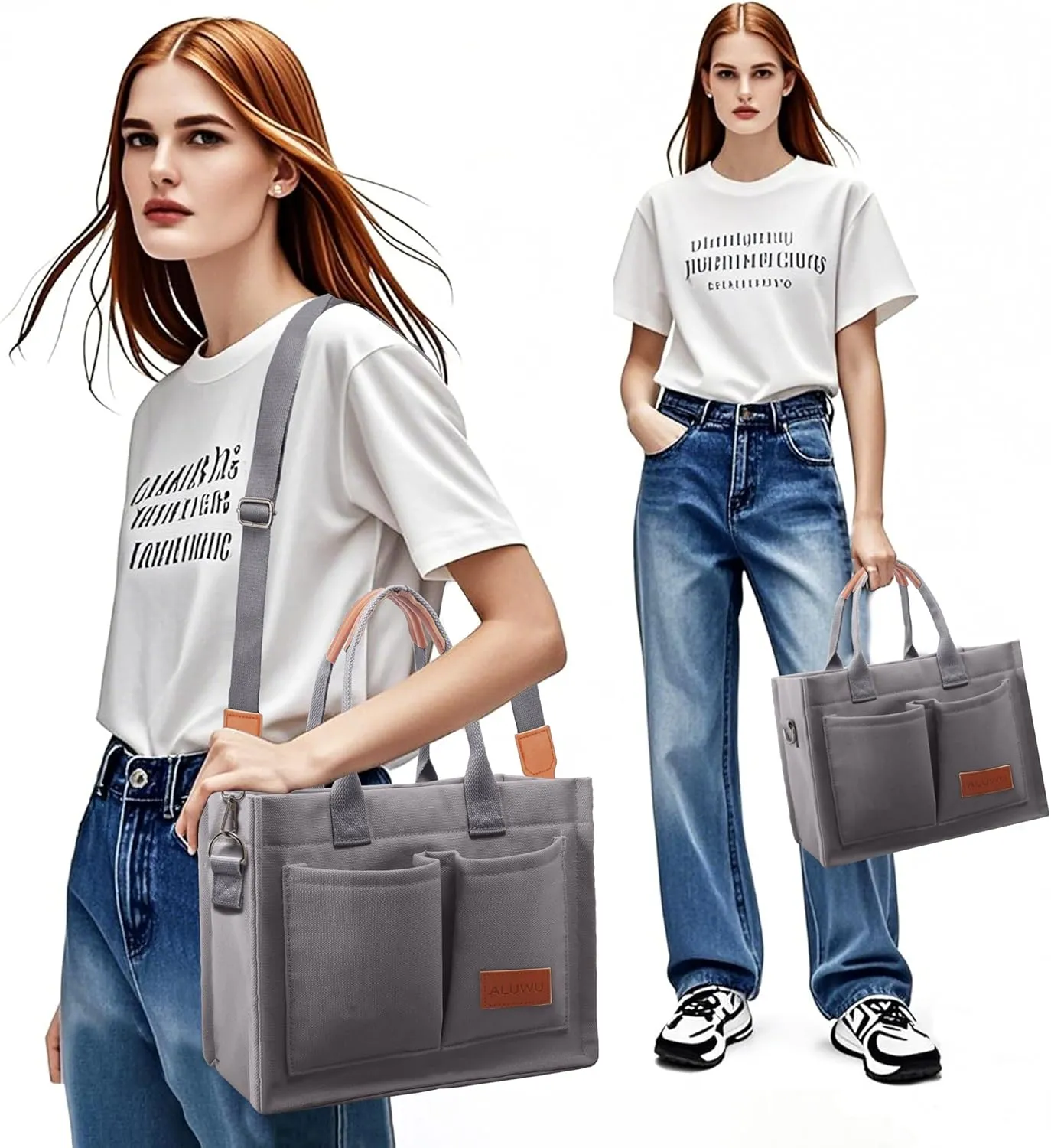 ALUWU Work Tote Bags for Women, Canvas Tote bag Womens Purse Handbags Crossbody Laptop Book Bag for Travel Nurse College Gift