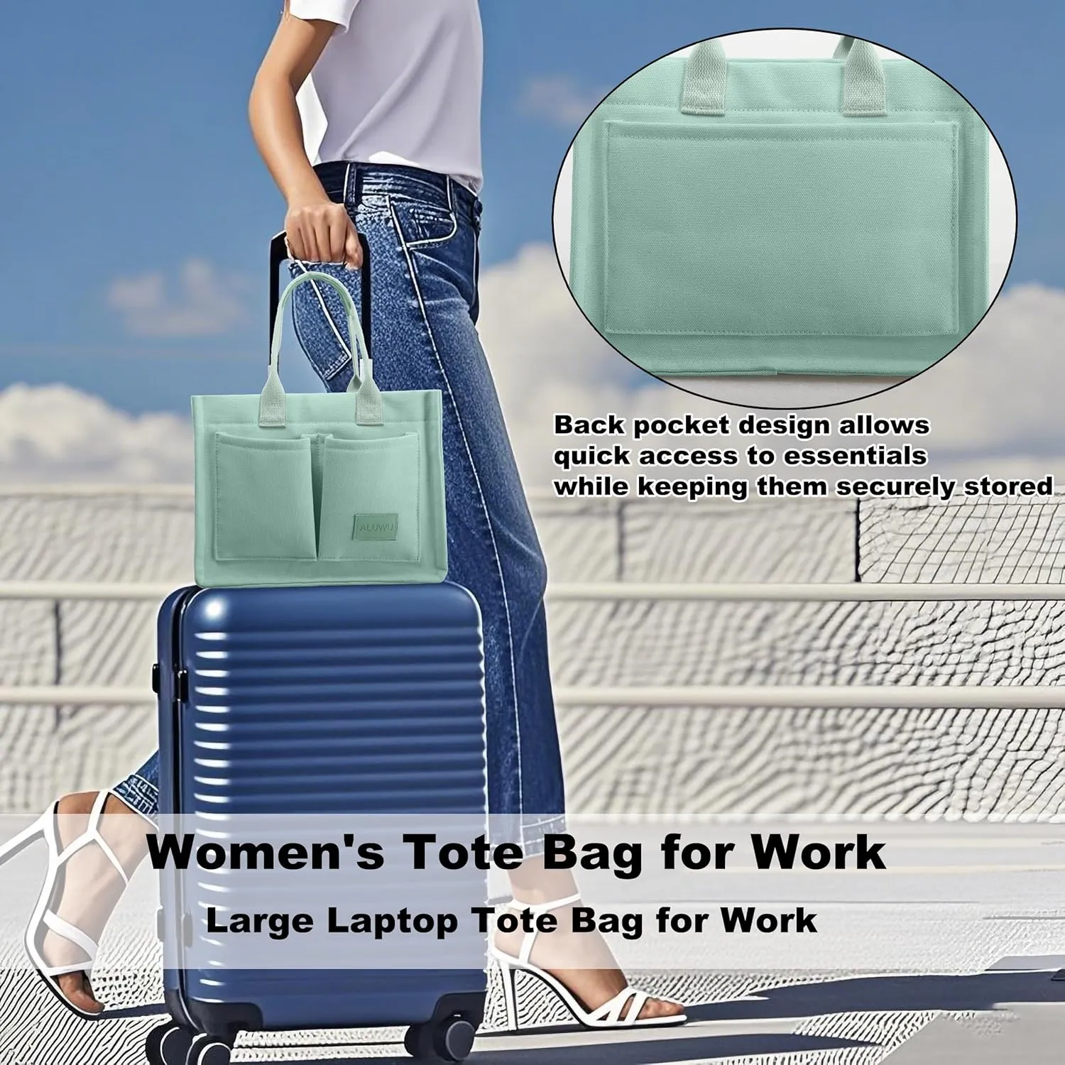 ALUWU Work Tote Bags for Women, Canvas Tote bag Womens Purse Handbags Crossbody Laptop Book Bag for Travel Nurse College Gift