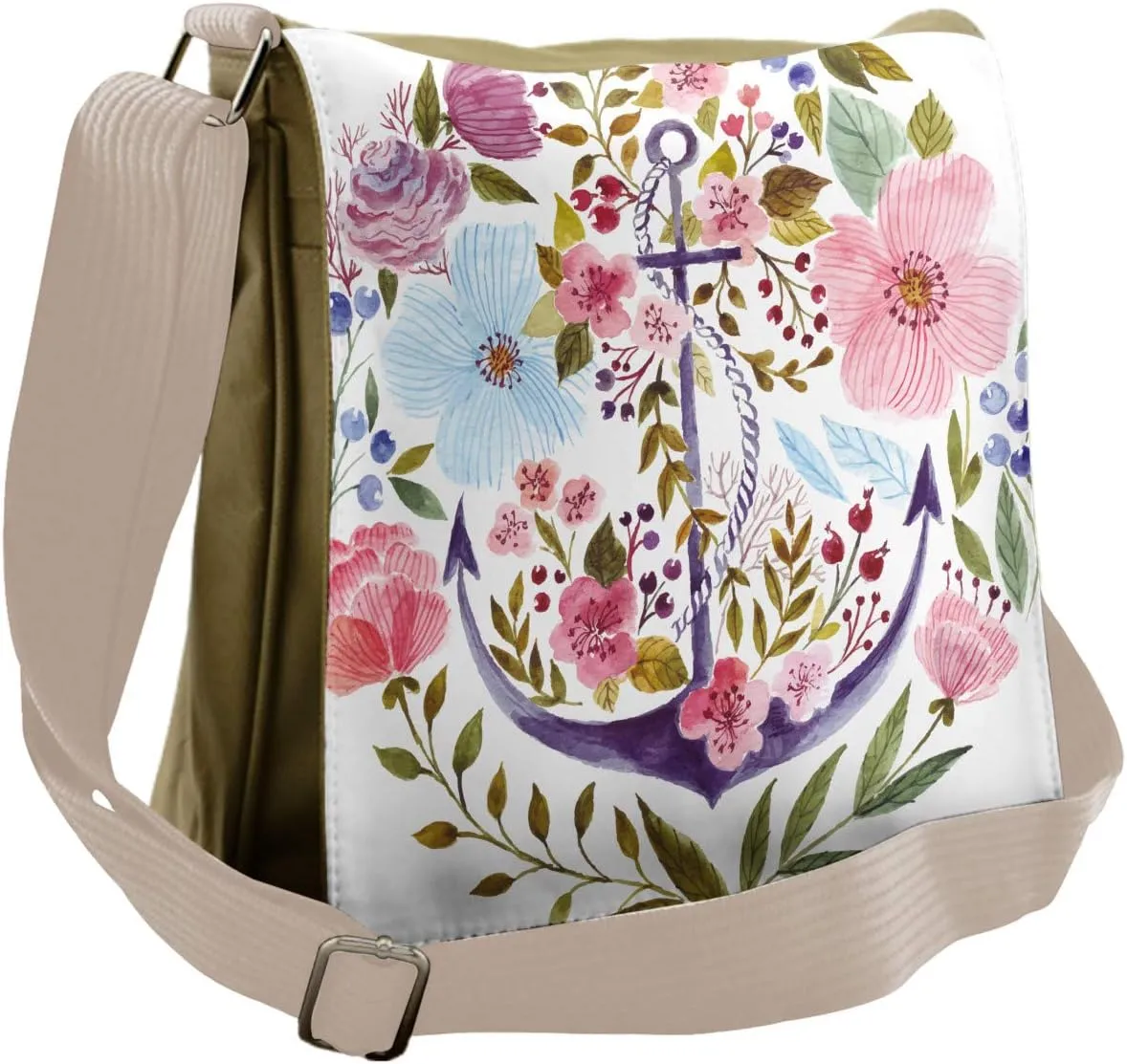 Ambesonne Watercolor Messenger Bag, Marine Anchor Ivy, Unisex Cross-body