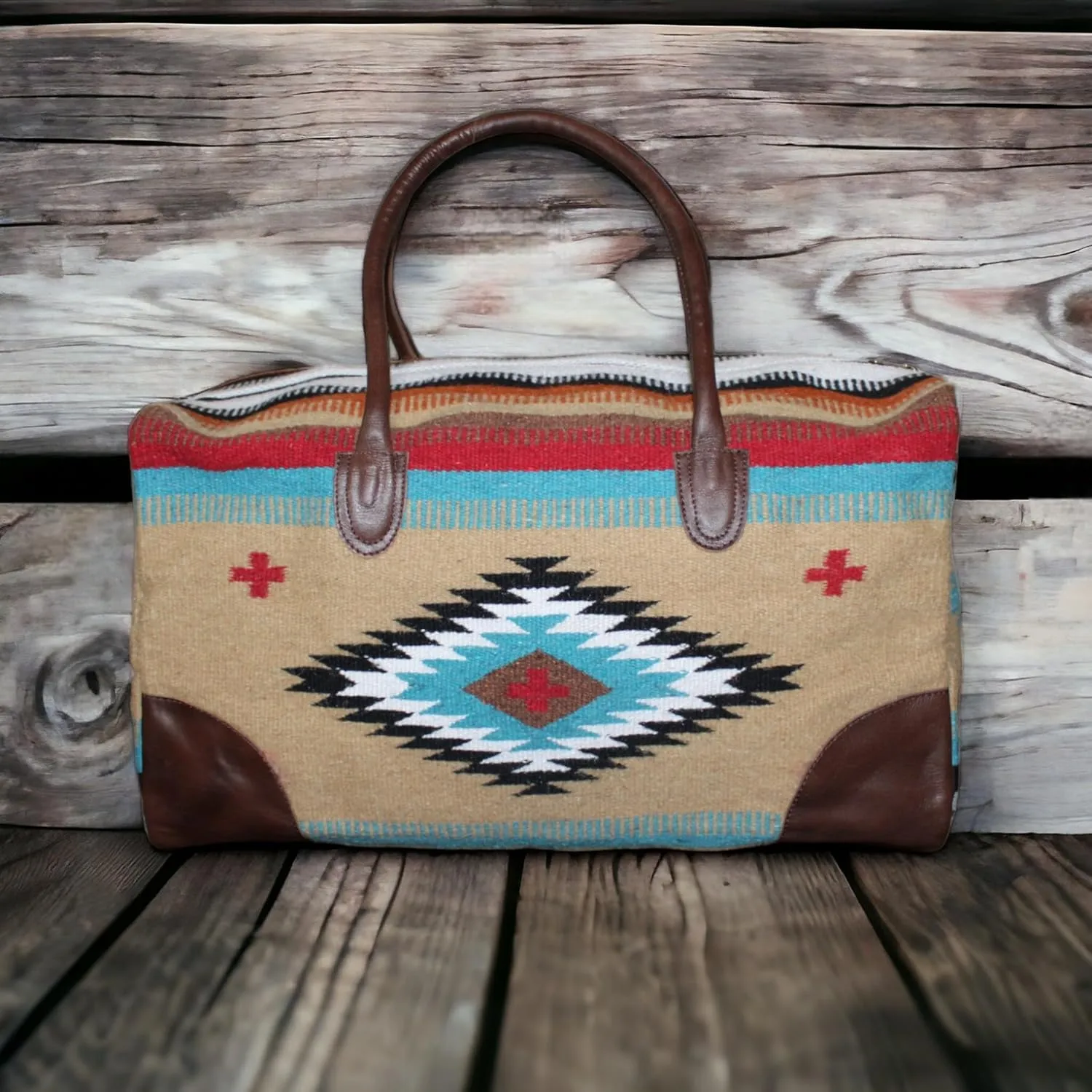 Aztec Large Weekender Southwestern Duffel Bag Saddle Blanket Bag 100% Leather Handles (Cayman)