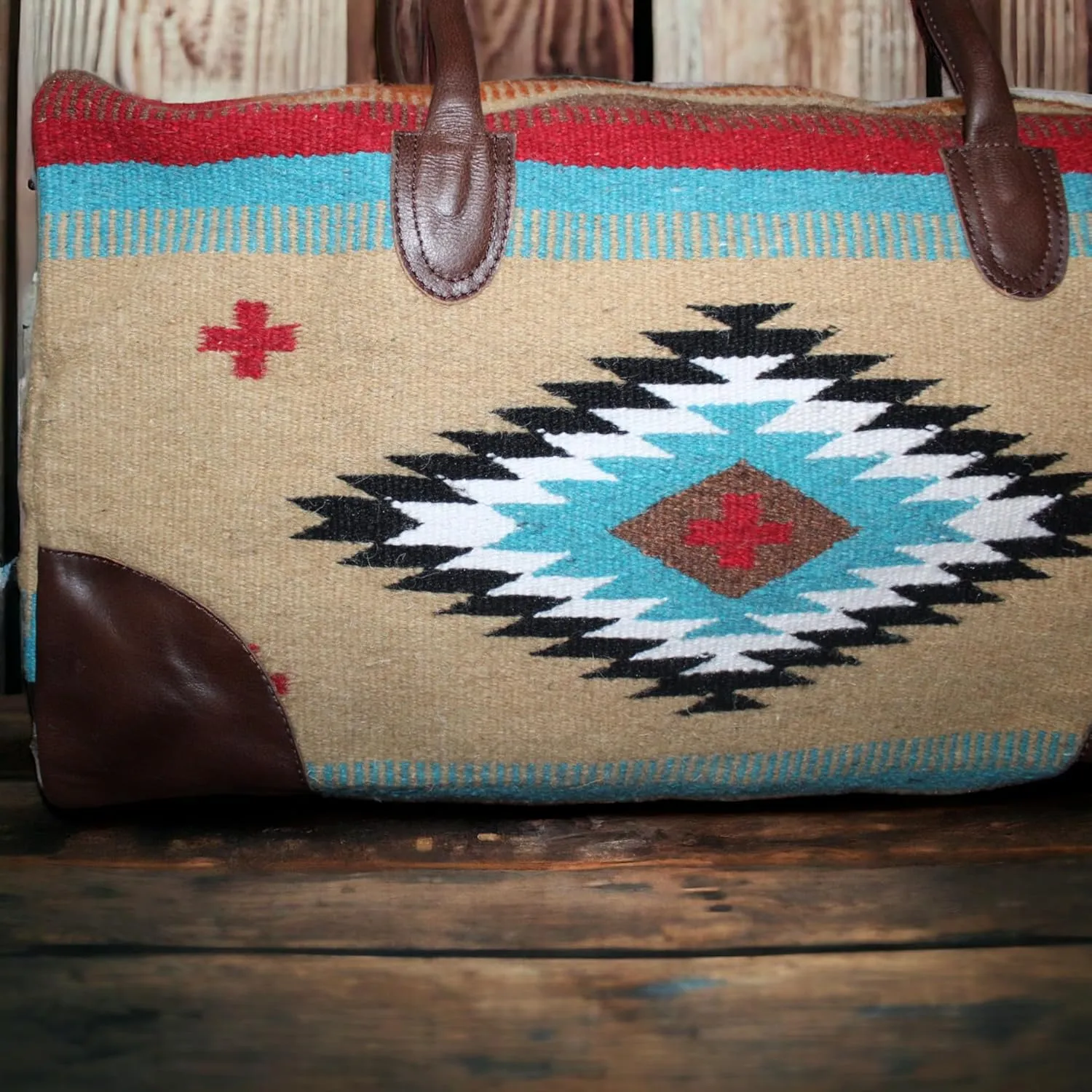 Aztec Large Weekender Southwestern Duffel Bag Saddle Blanket Bag 100% Leather Handles (Cayman)