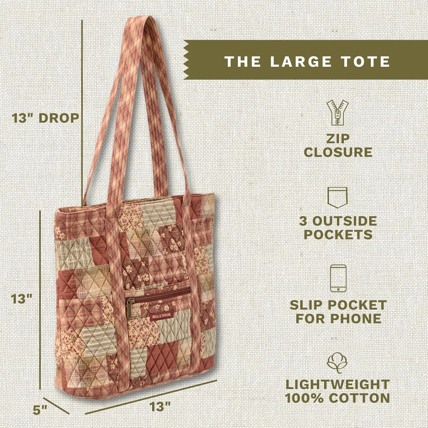 Bella Taylor Large Tote | Lightweight Quilted Fabric Tote Bags for Women