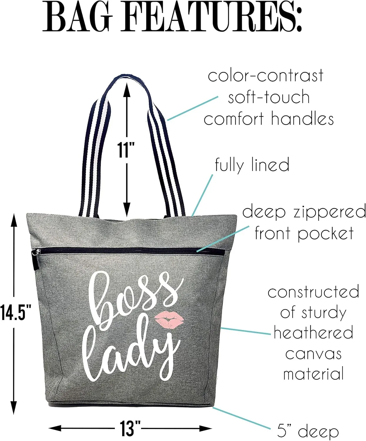 Brooke & Jess - Boss Lady Zippered Pocket Canvas Tote Bag - Gift Ideas for Female Bosses, Thank You Office Appreciation Gift