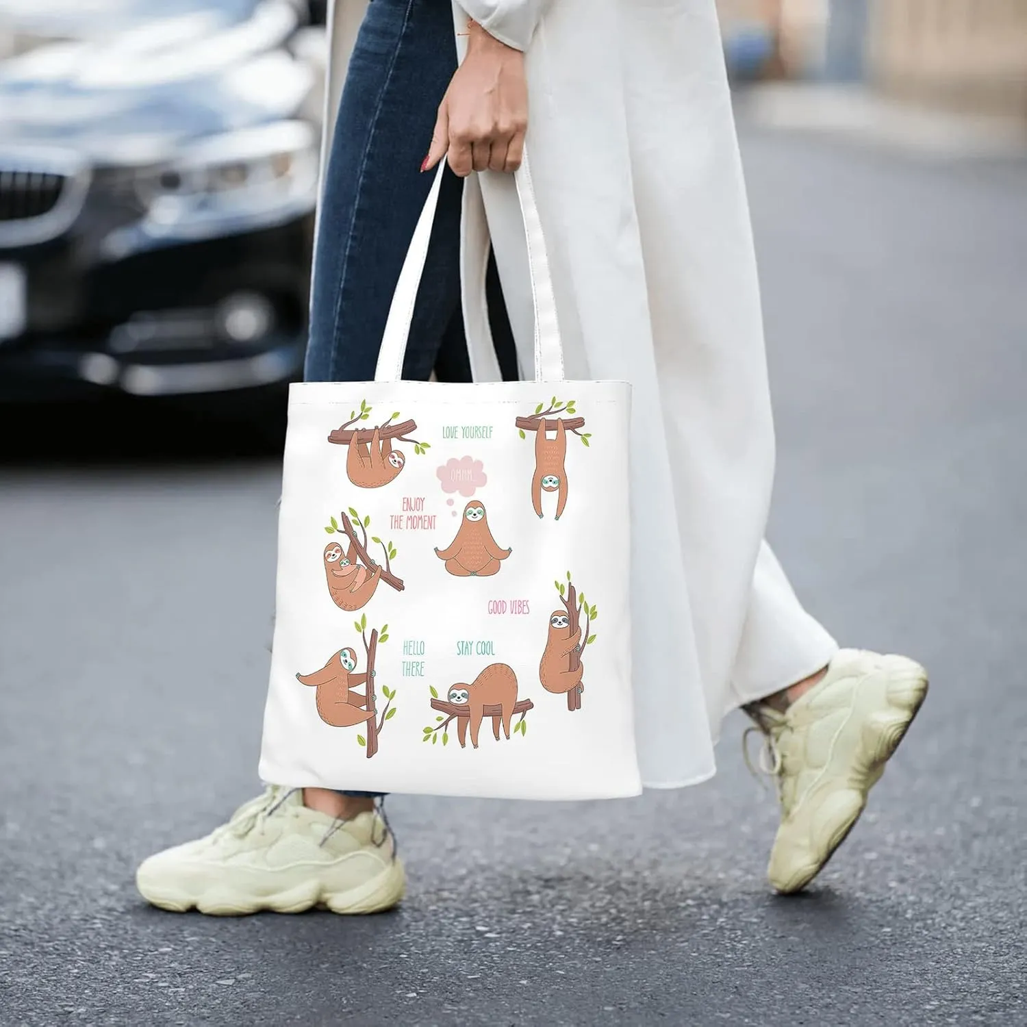 Canvas Tote BagViruses Cartoon Bacteria Emoticon Reusable Large Shopping Shoulder Tote Bag For Women