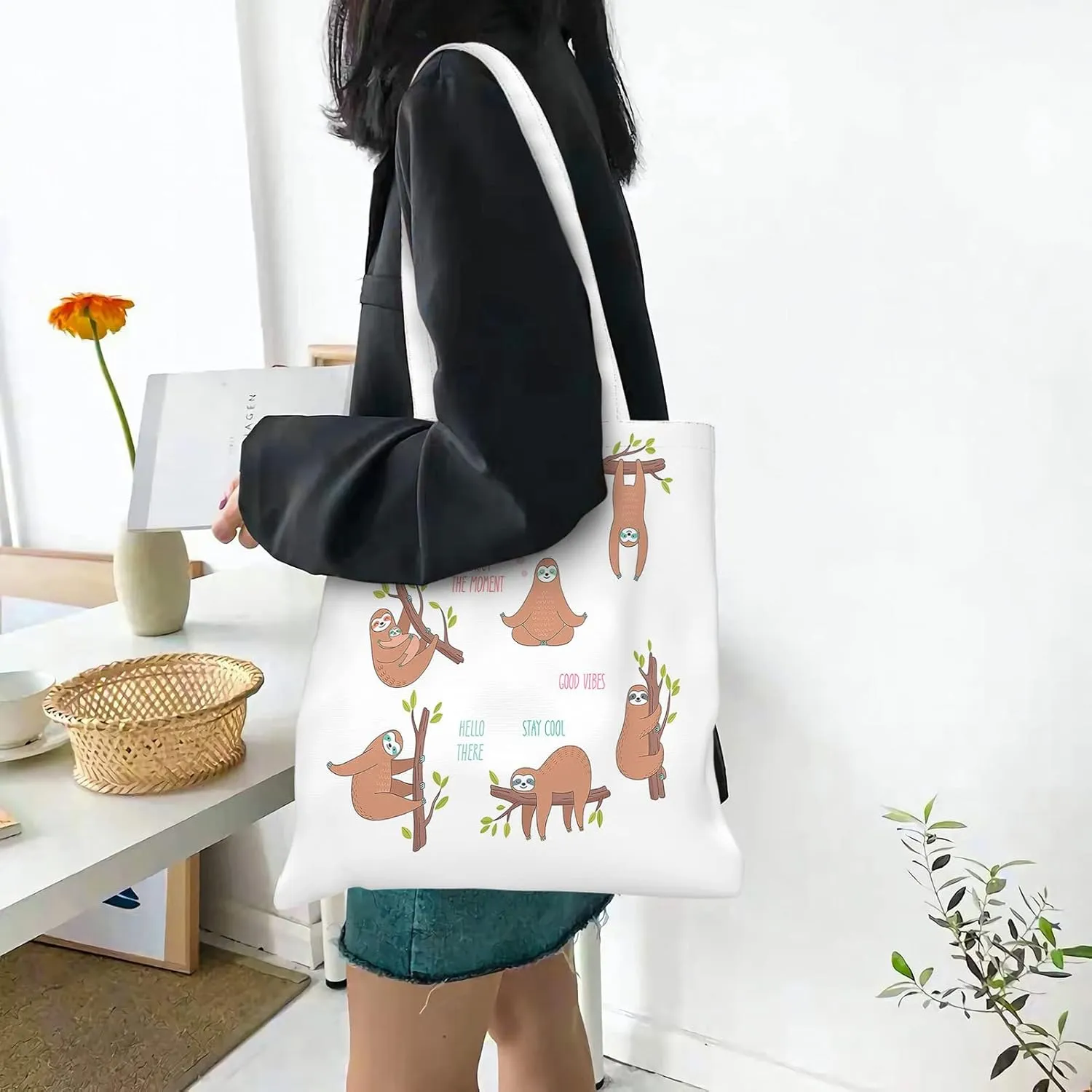 Canvas Tote BagViruses Cartoon Bacteria Emoticon Reusable Large Shopping Shoulder Tote Bag For Women