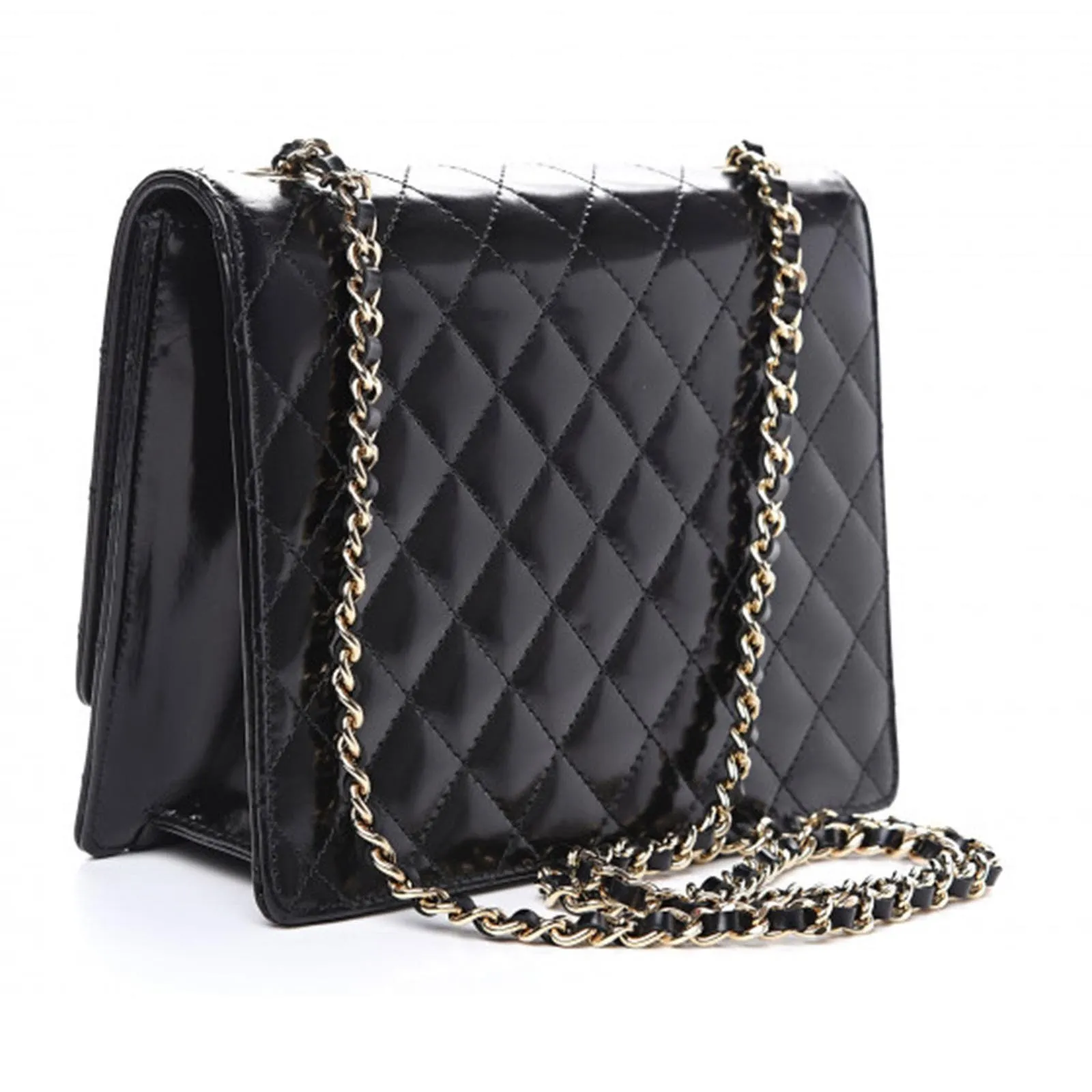 Chanel Black Quilted Rare Mini Classic Patent Flap Bag Silver Hardware Vintage