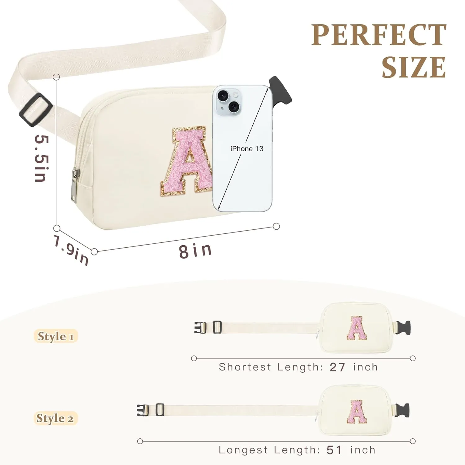 Chenille Letter Crossbody Bags for Women Trendy, Waterproof Fanny Packs for Women Cross Body, Initial Letter Belt Bag with Multiple Inner Pockets and Adjustable Strap,S