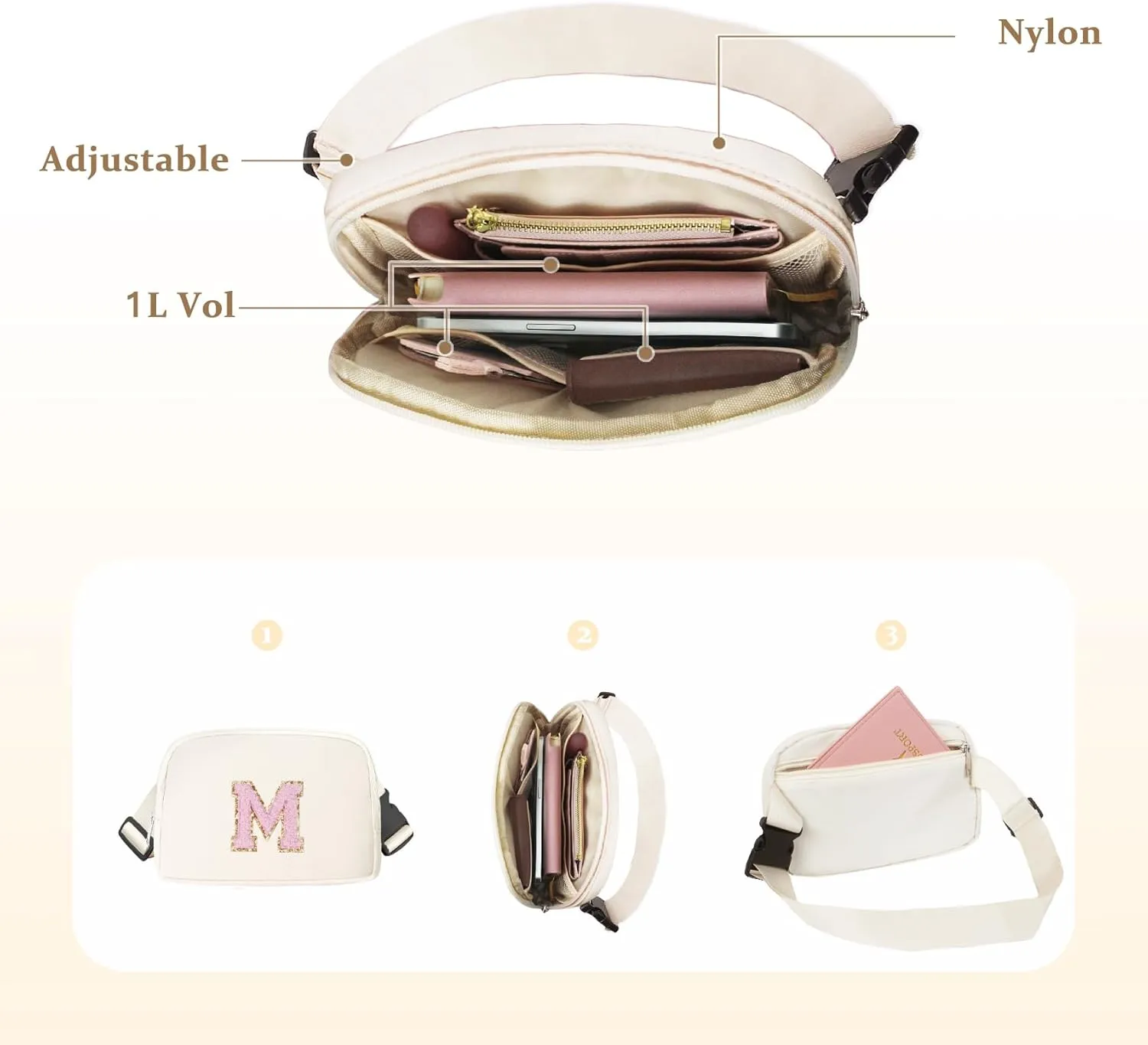 Chenille Letter Crossbody Bags for Women Trendy, Waterproof Fanny Packs for Women Cross Body, Initial Letter Belt Bag with Multiple Inner Pockets and Adjustable Strap,S