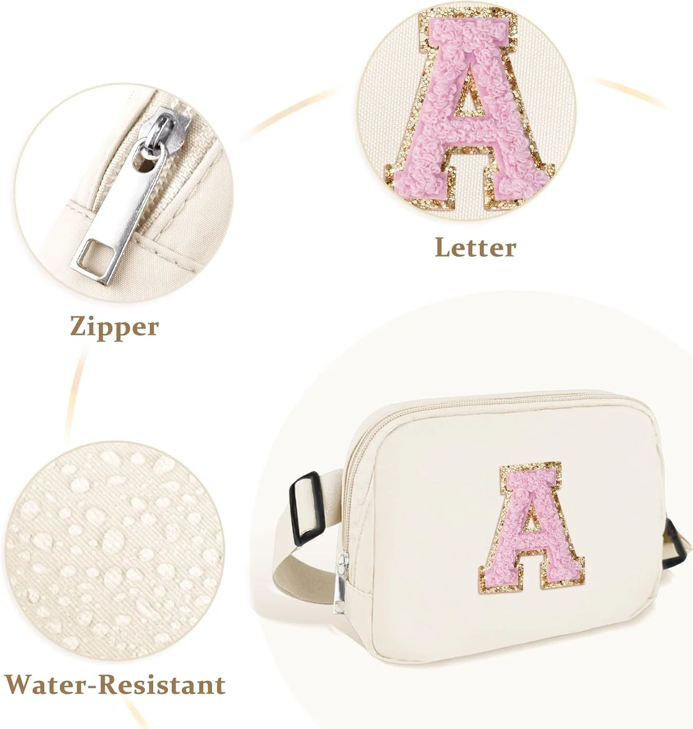 Chenille Letter Crossbody Bags for Women Trendy, Waterproof Fanny Packs for Women Cross Body, Initial Letter Belt Bag with Multiple Inner Pockets and Adjustable Strap,S