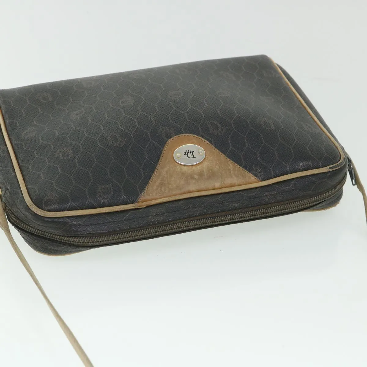 CHRISTIAN DIOR Honeycomb Canvas Shoulder Bag PVC Leather Black Auth 56325