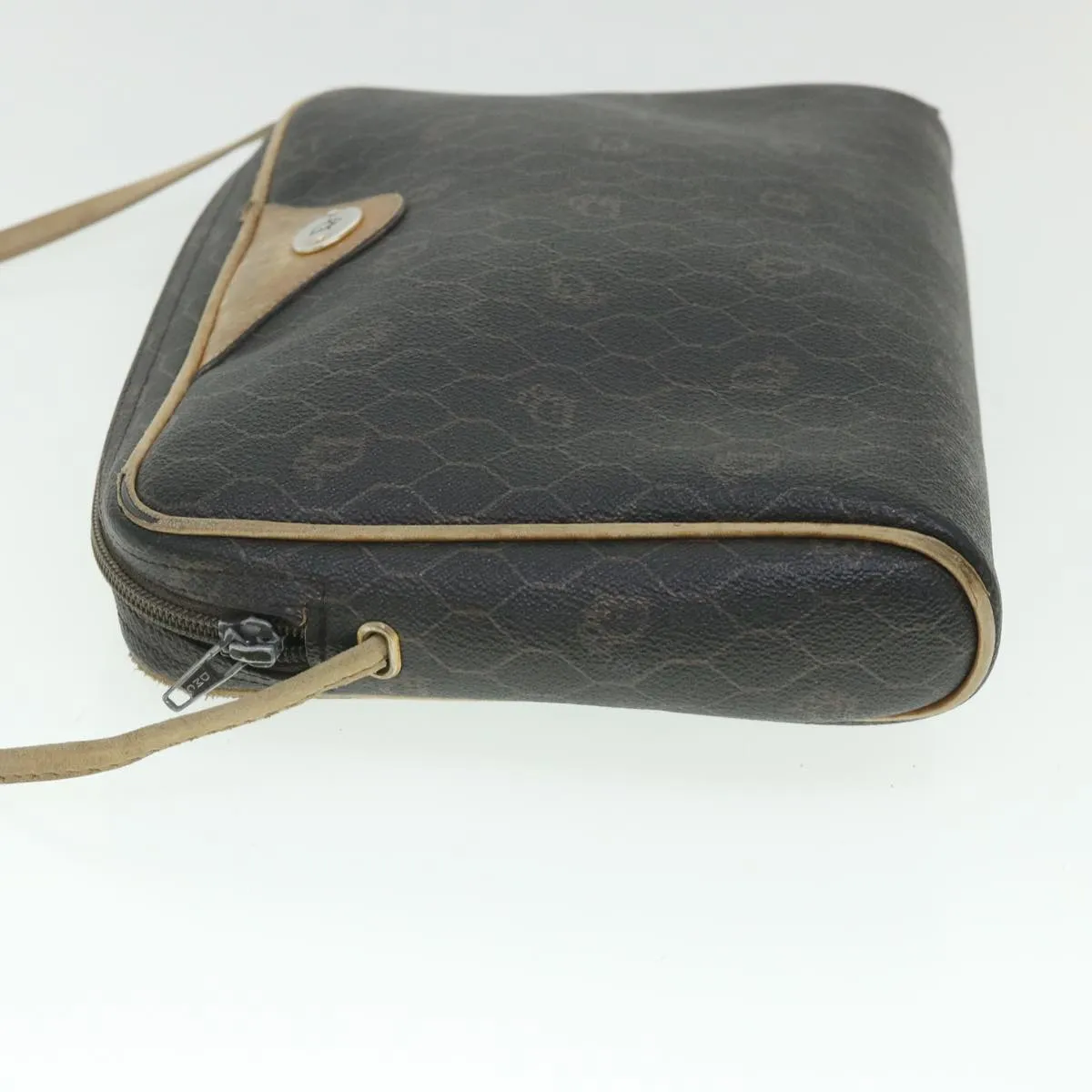 CHRISTIAN DIOR Honeycomb Canvas Shoulder Bag PVC Leather Black Auth 56325