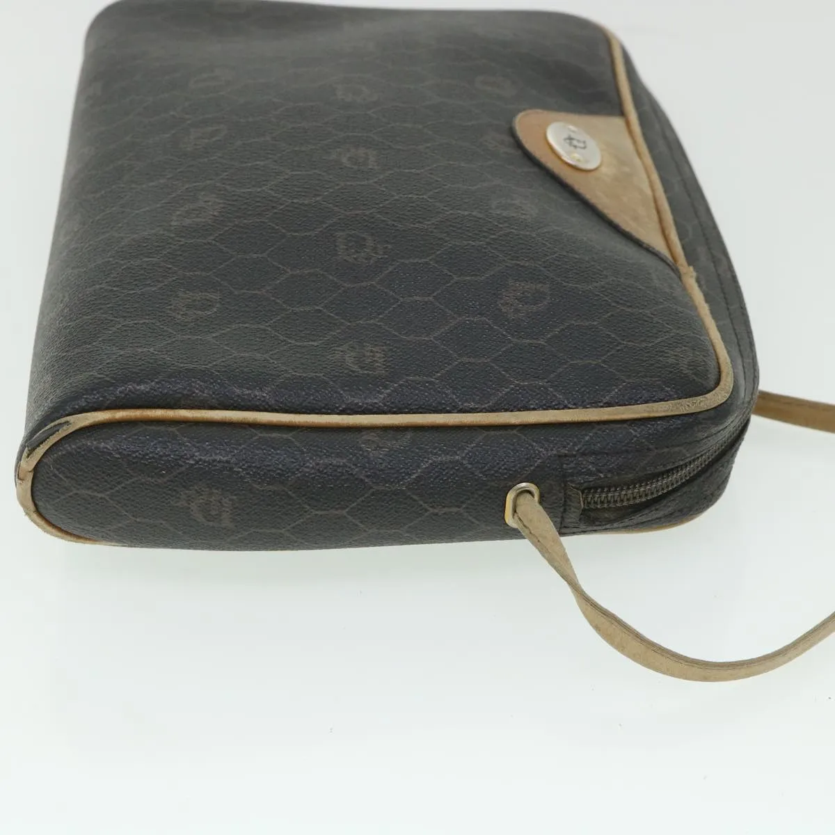 CHRISTIAN DIOR Honeycomb Canvas Shoulder Bag PVC Leather Black Auth 56325