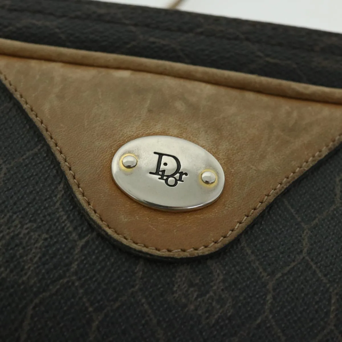 CHRISTIAN DIOR Honeycomb Canvas Shoulder Bag PVC Leather Black Auth 56325