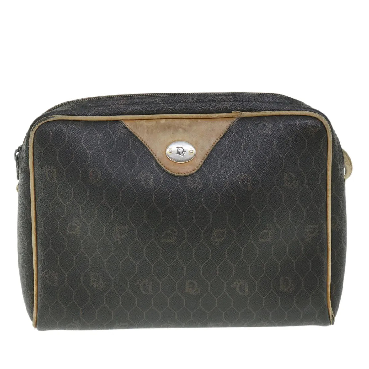 CHRISTIAN DIOR Honeycomb Canvas Shoulder Bag PVC Leather Black Auth 56325