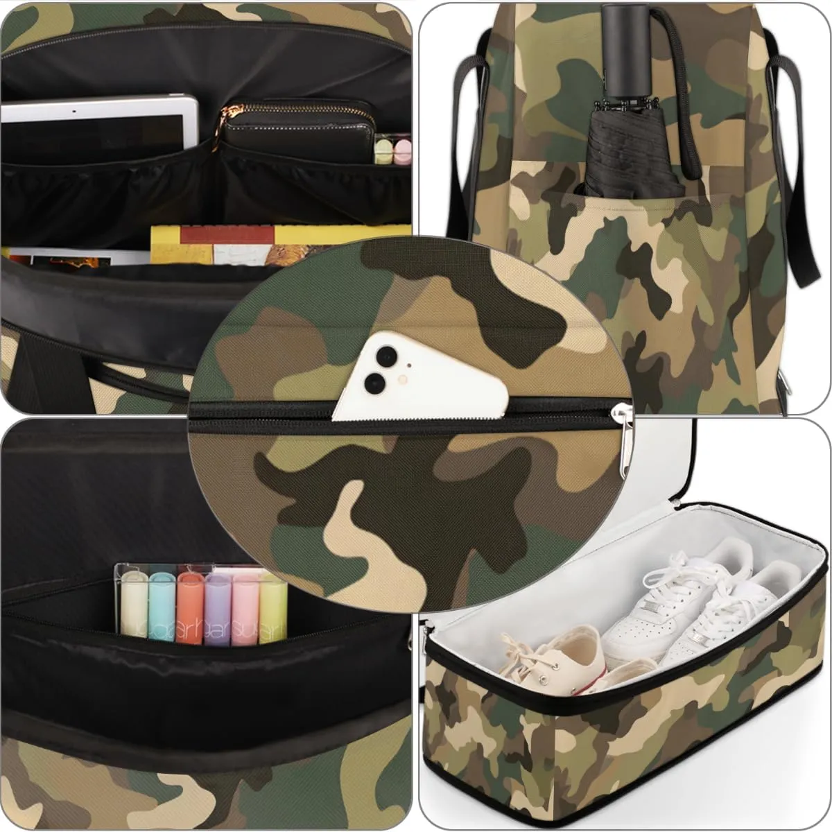 Classic Woodland Camo Foldable Travel Duffel Bag Overnight Weekender Bag with Shoes Compartment Sports Gym Bag for Men Women