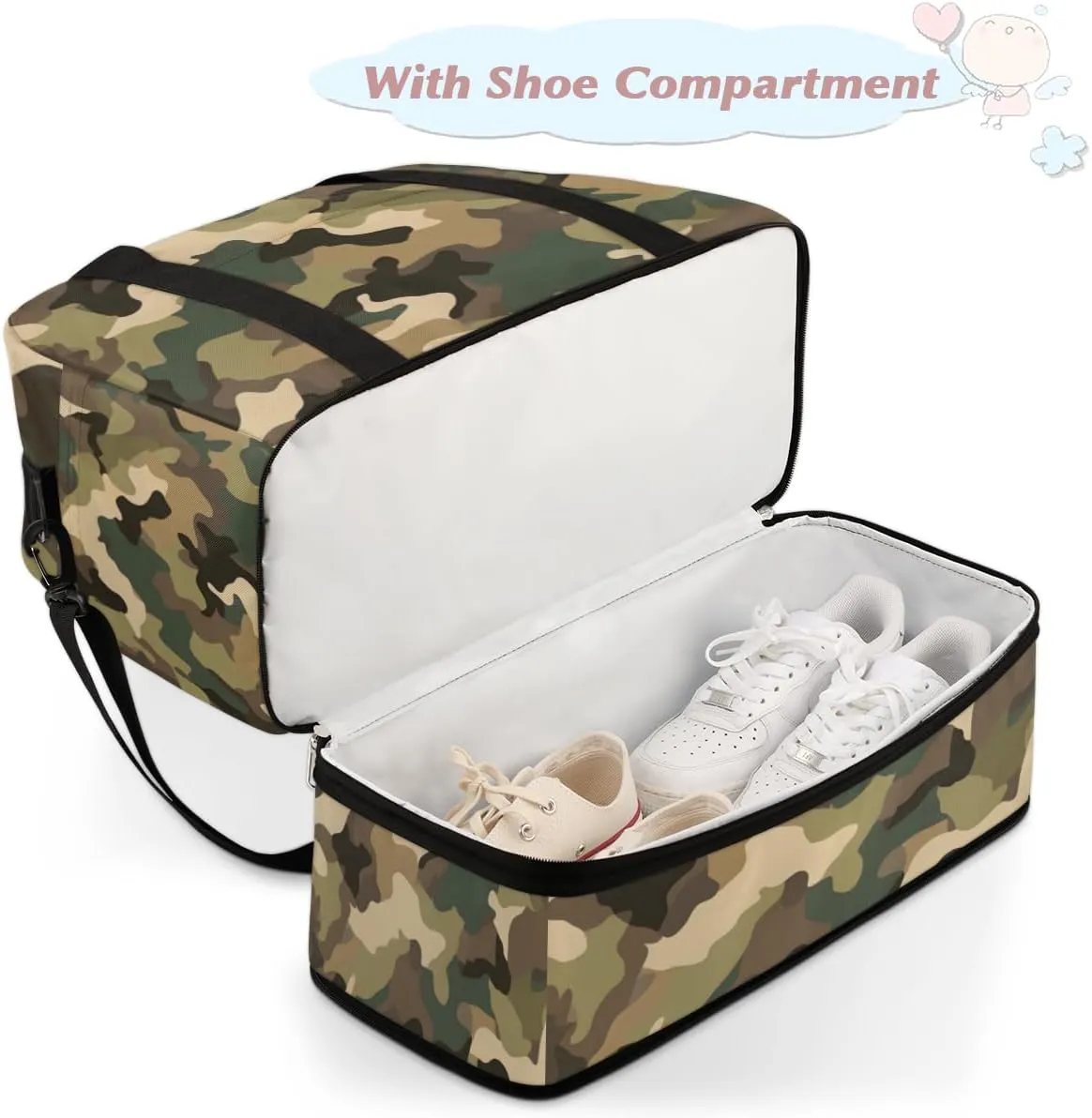 Classic Woodland Camo Foldable Travel Duffel Bag Overnight Weekender Bag with Shoes Compartment Sports Gym Bag for Men Women