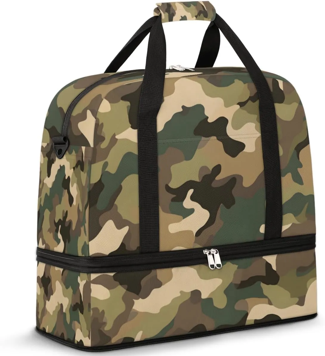 Classic Woodland Camo Foldable Travel Duffel Bag Overnight Weekender Bag with Shoes Compartment Sports Gym Bag for Men Women