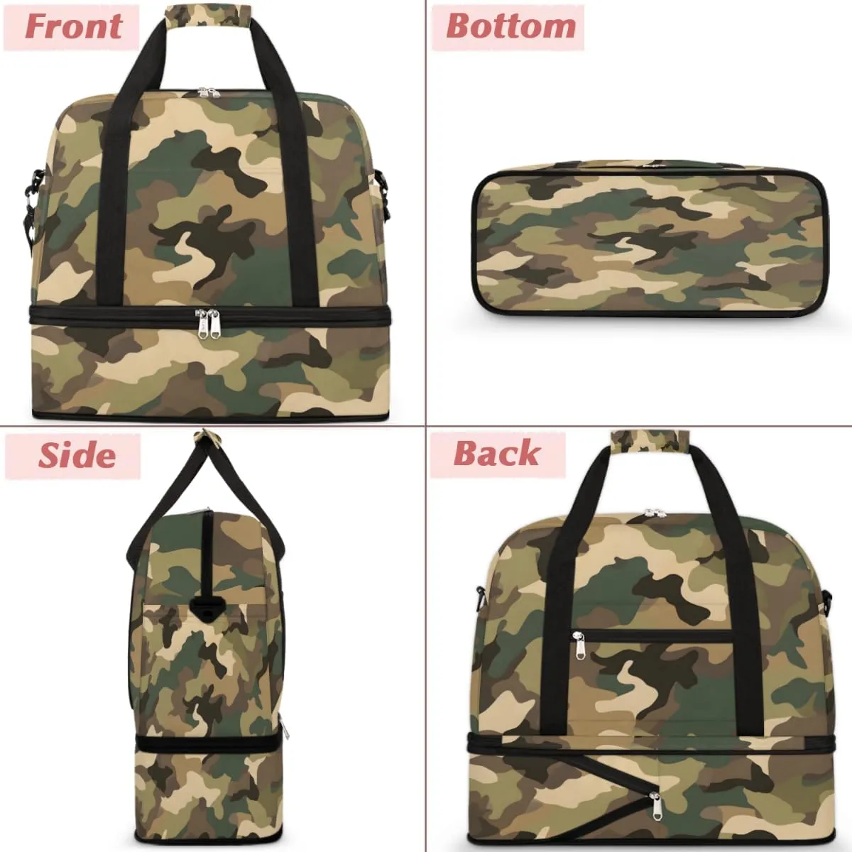 Classic Woodland Camo Foldable Travel Duffel Bag Overnight Weekender Bag with Shoes Compartment Sports Gym Bag for Men Women