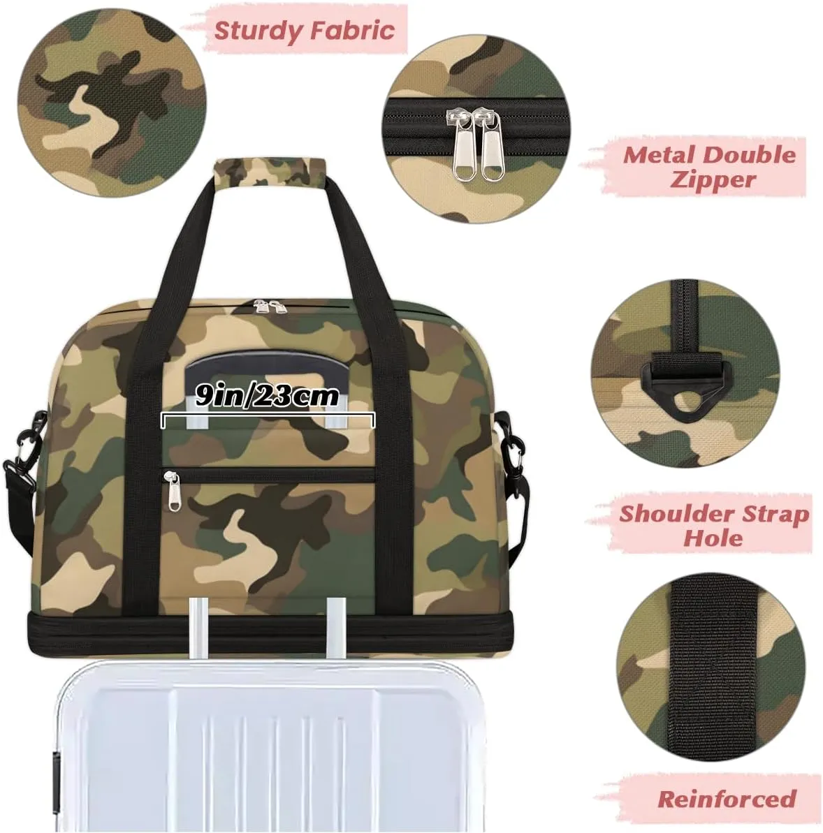 Classic Woodland Camo Foldable Travel Duffel Bag Overnight Weekender Bag with Shoes Compartment Sports Gym Bag for Men Women