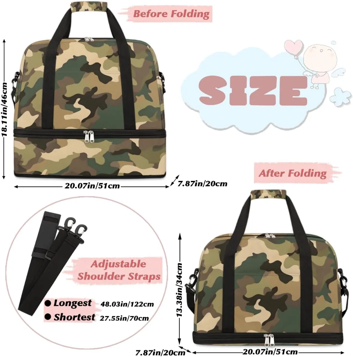 Classic Woodland Camo Foldable Travel Duffel Bag Overnight Weekender Bag with Shoes Compartment Sports Gym Bag for Men Women