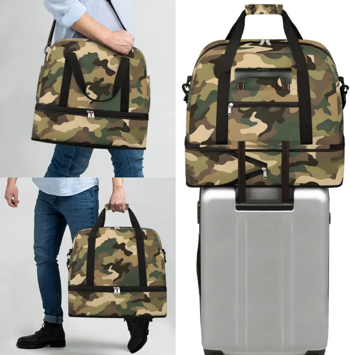 Classic Woodland Camo Foldable Travel Duffel Bag Overnight Weekender Bag with Shoes Compartment Sports Gym Bag for Men Women