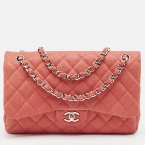Coral Pink Caviar Leather Jumbo Classic Double Flap Bag