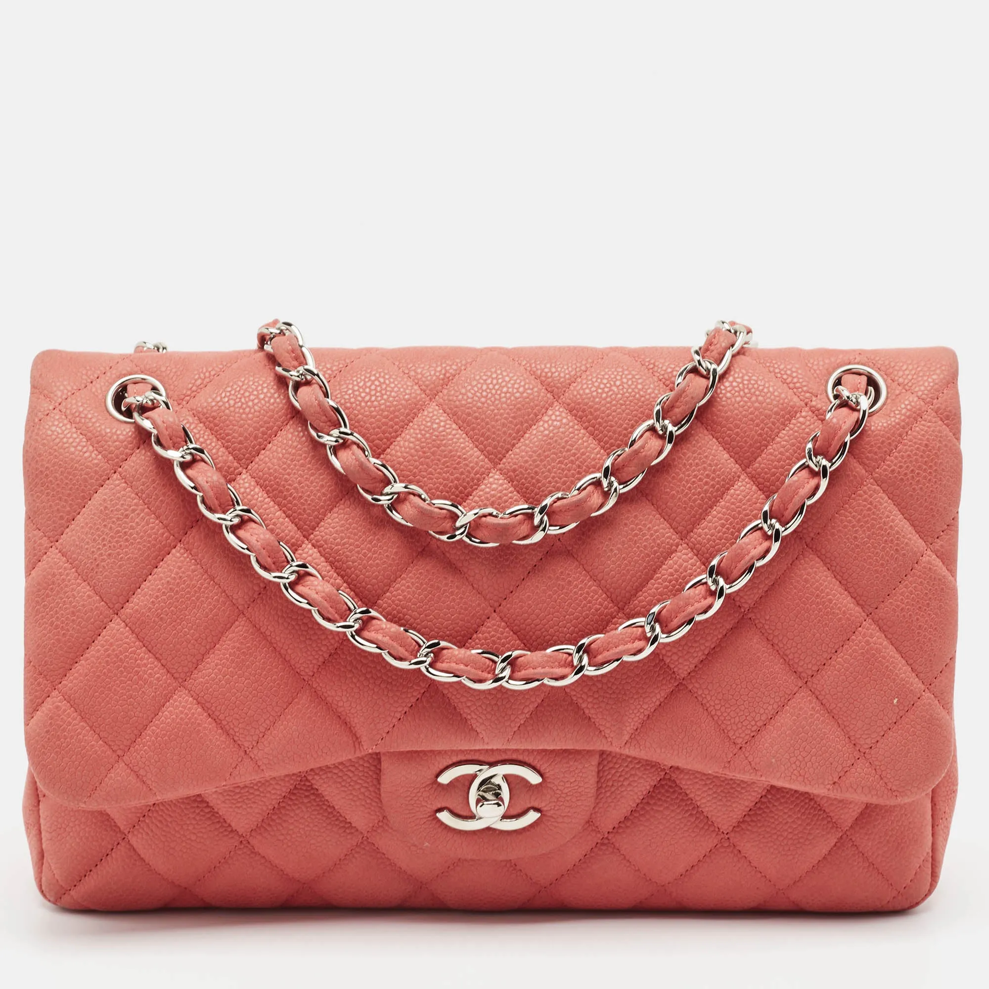 Coral Pink Caviar Leather Jumbo Classic Double Flap Bag