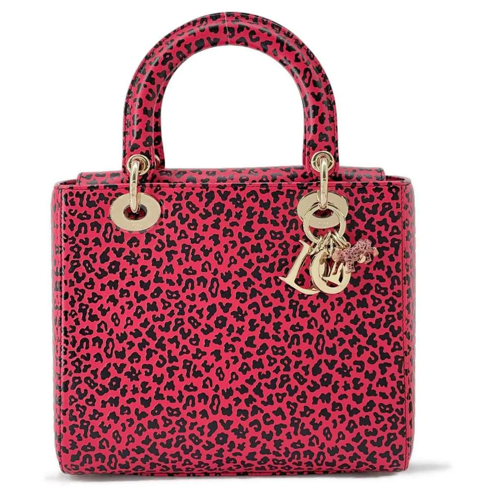 Dior Leopard Lady Dior 2WAY Handbag Pink/Black Leather