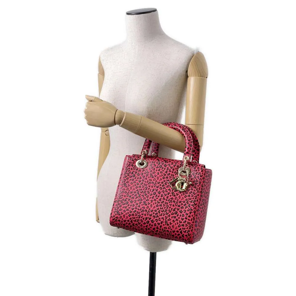 Dior Leopard Lady Dior 2WAY Handbag Pink/Black Leather