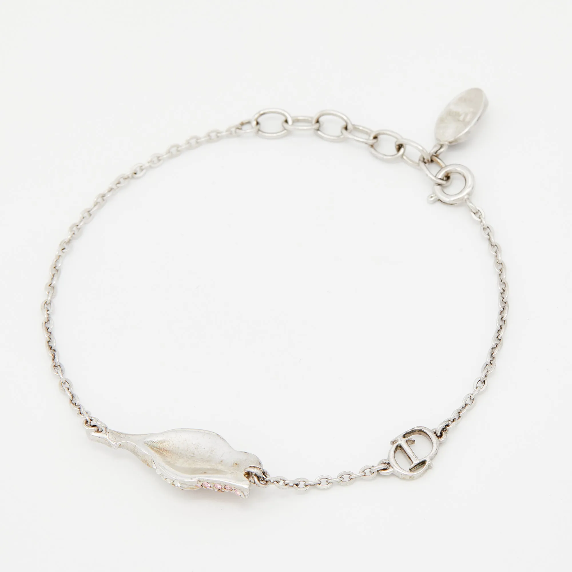 DIOR Silver Tone Crystal Studded Rose Chain Necklace