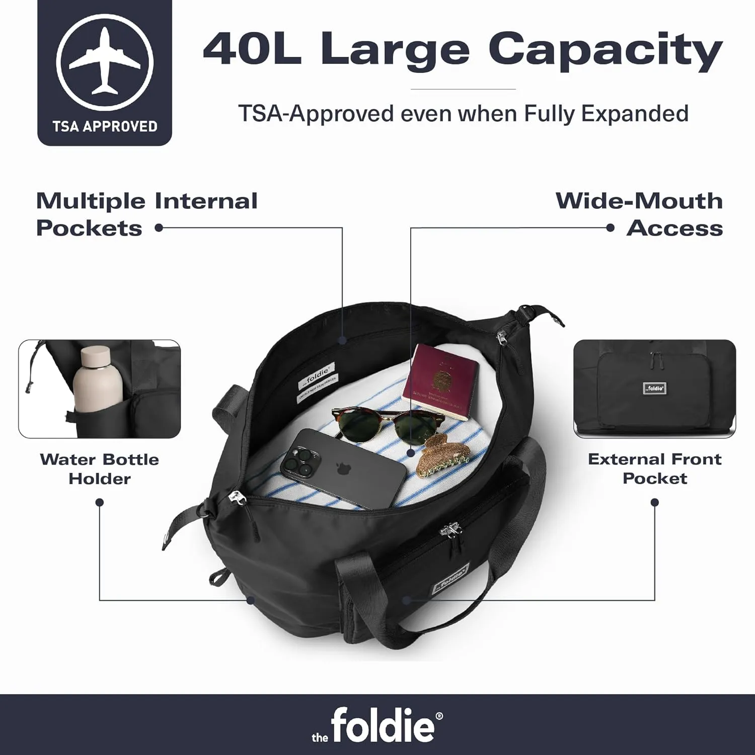 Foldable Travel Tote Bag for Women - 40L Weekender Bag with Multiple Pockets - Carry On Personal Item Travel Bag