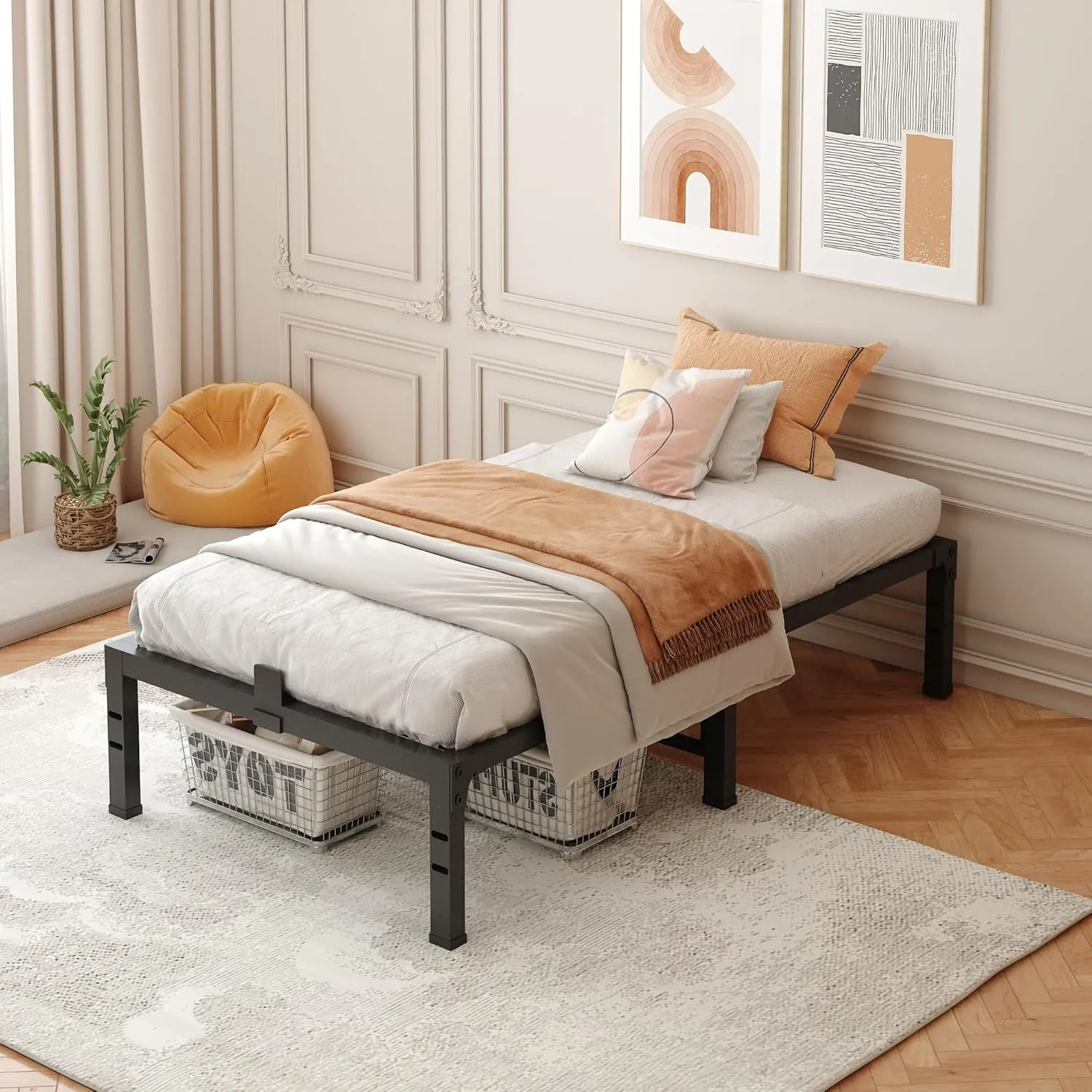 FUIOBYVV Twin XL Bed Frames, 16 Inch Heavy Duty Metal Platform Bed Frame Twin XL Size Support Up to 3500 lbs, No Box Spring Needed/No Shaking/Steel Slat Support/Noise Free/Easy Assembly