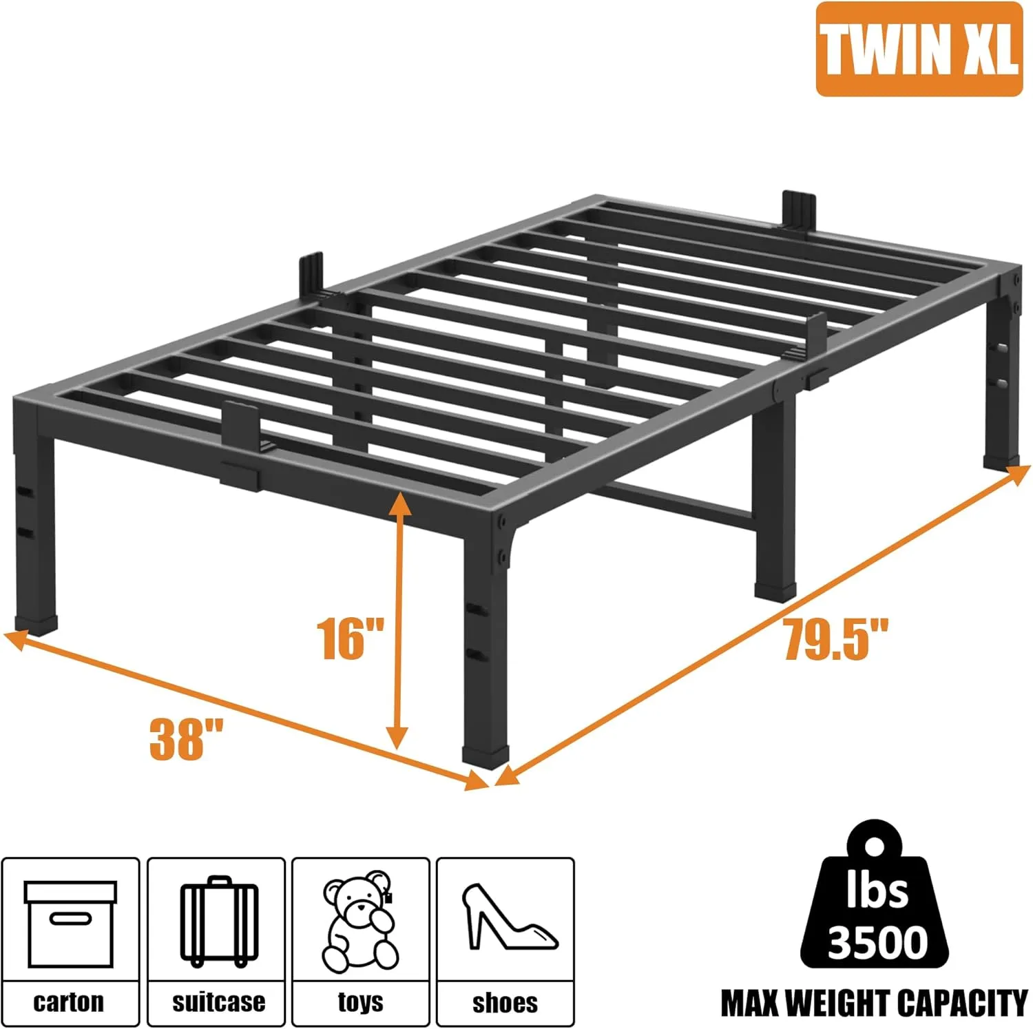 FUIOBYVV Twin XL Bed Frames, 16 Inch Heavy Duty Metal Platform Bed Frame Twin XL Size Support Up to 3500 lbs, No Box Spring Needed/No Shaking/Steel Slat Support/Noise Free/Easy Assembly