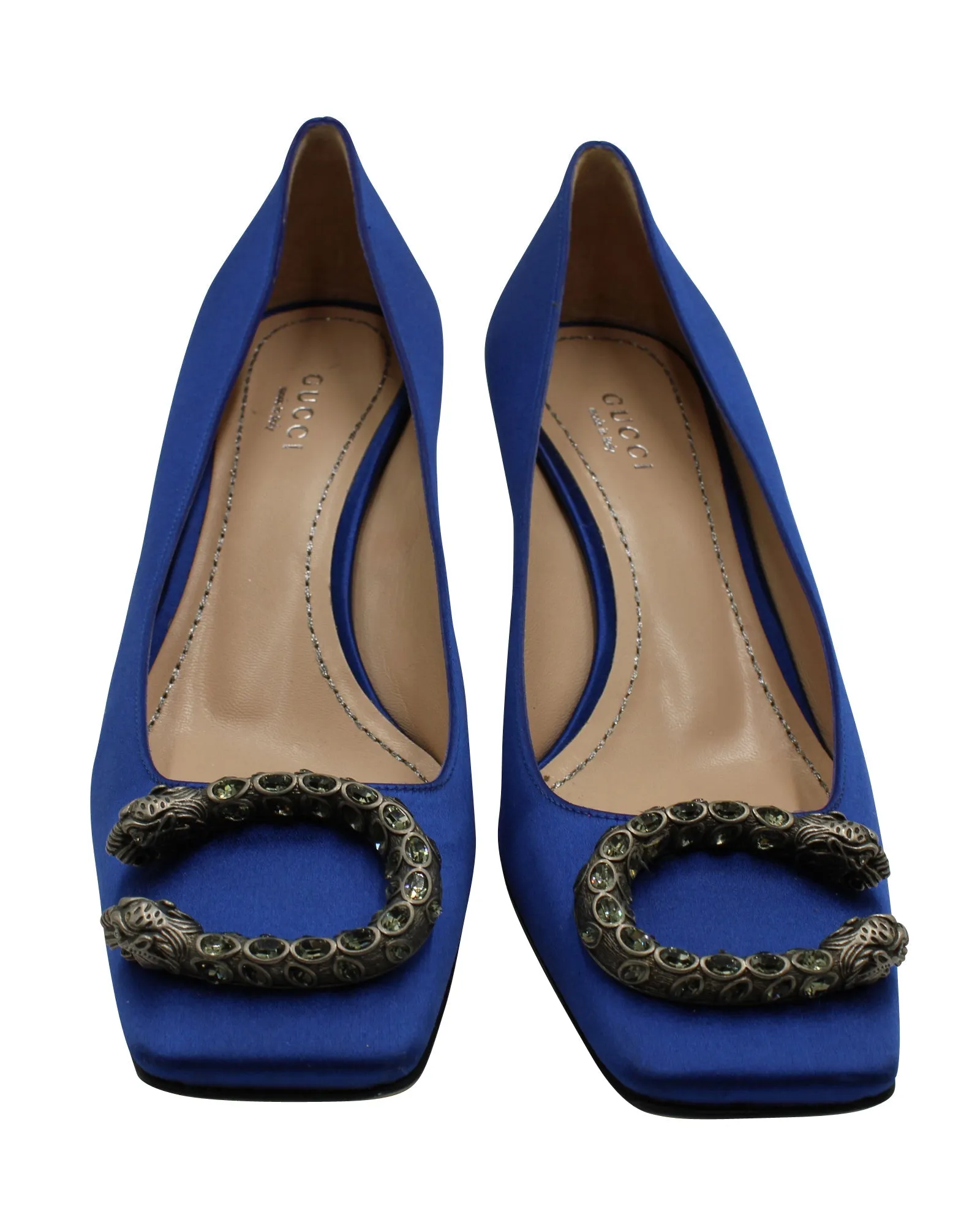 Gucci Dionysus Brooch Heels in Blue Satin