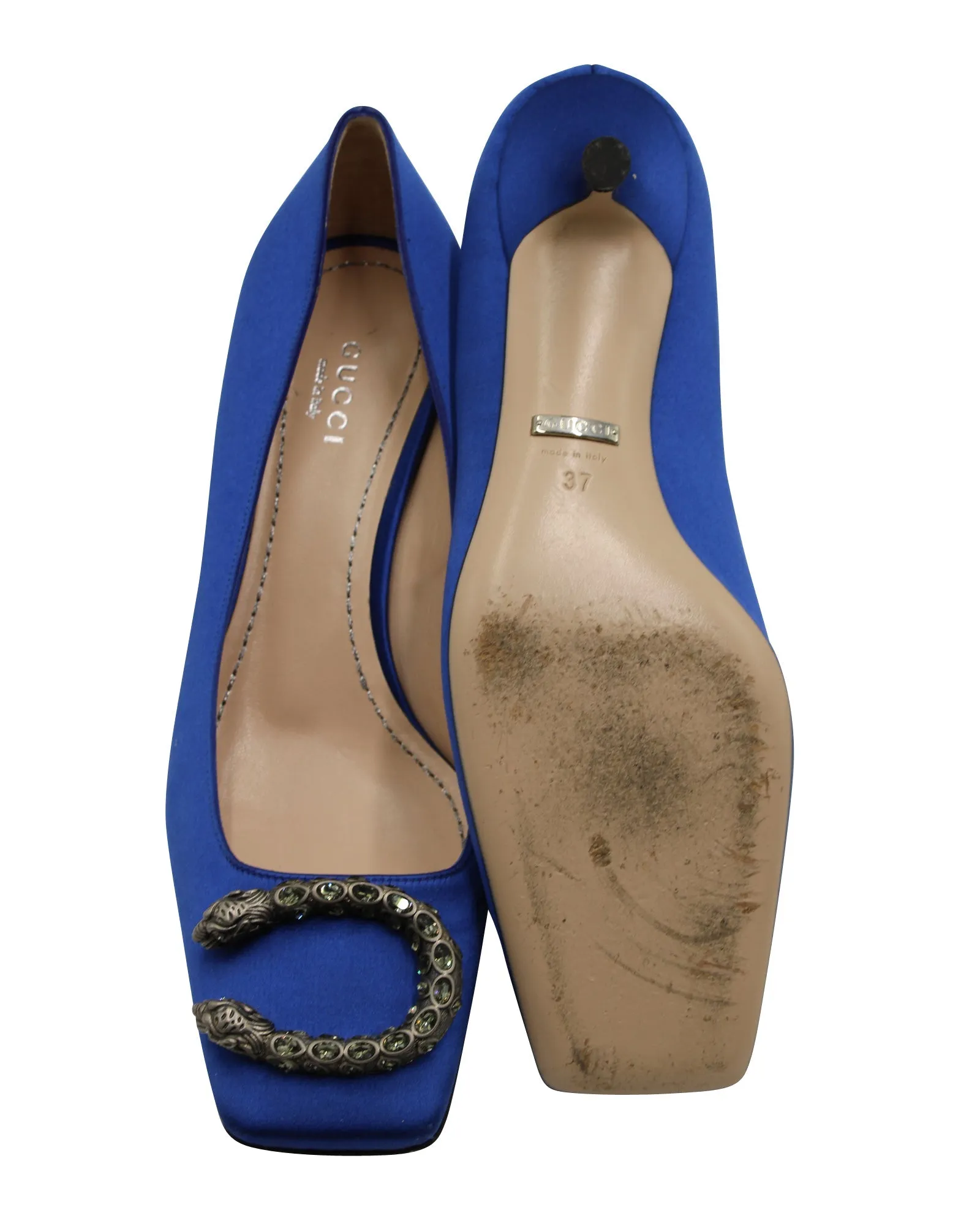 Gucci Dionysus Brooch Heels in Blue Satin