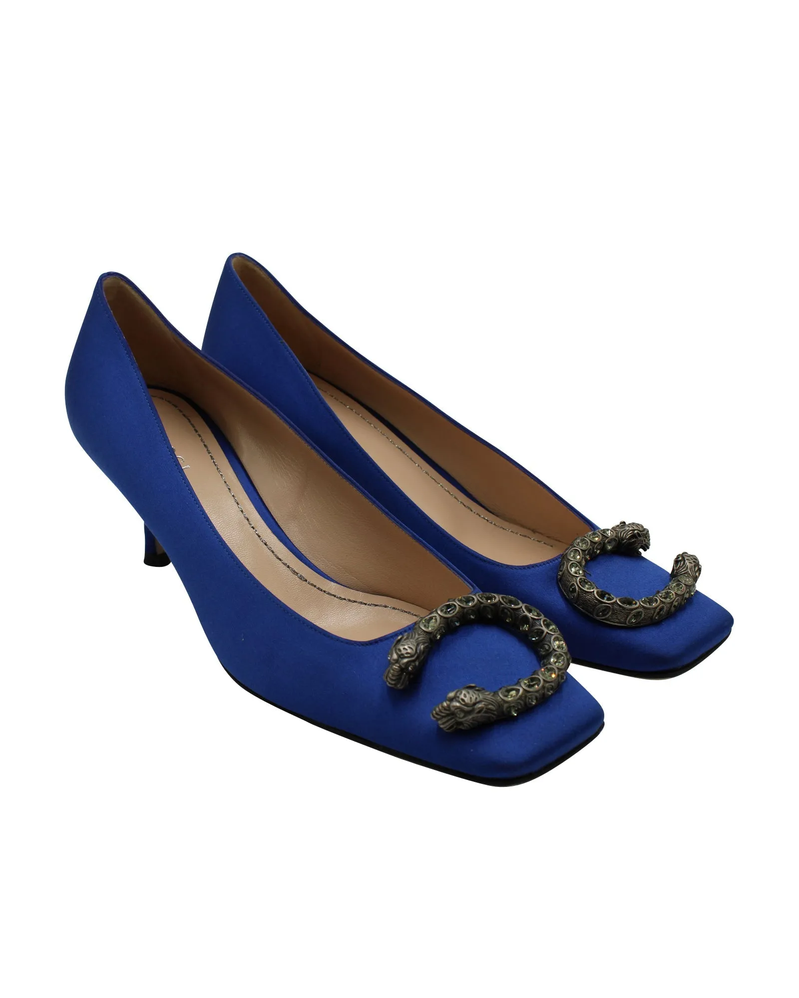 Gucci Dionysus Brooch Heels in Blue Satin