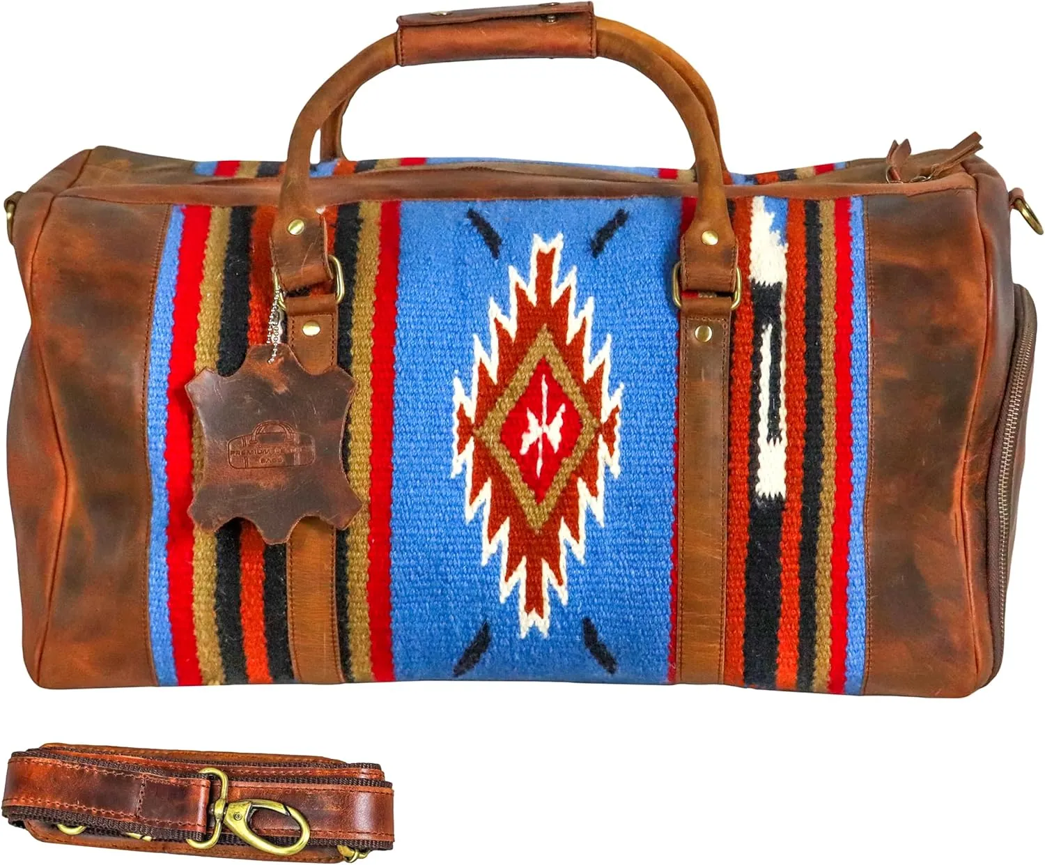 Handmade Premium Duffle Bag leather heavy duty Gym Sports Airplane Overnight Luggage Carry On Unisex Travel woven Rug Bag Wollen Bag Gift for His/Her (RUG DUFFLE BAG ARTICLE_08)