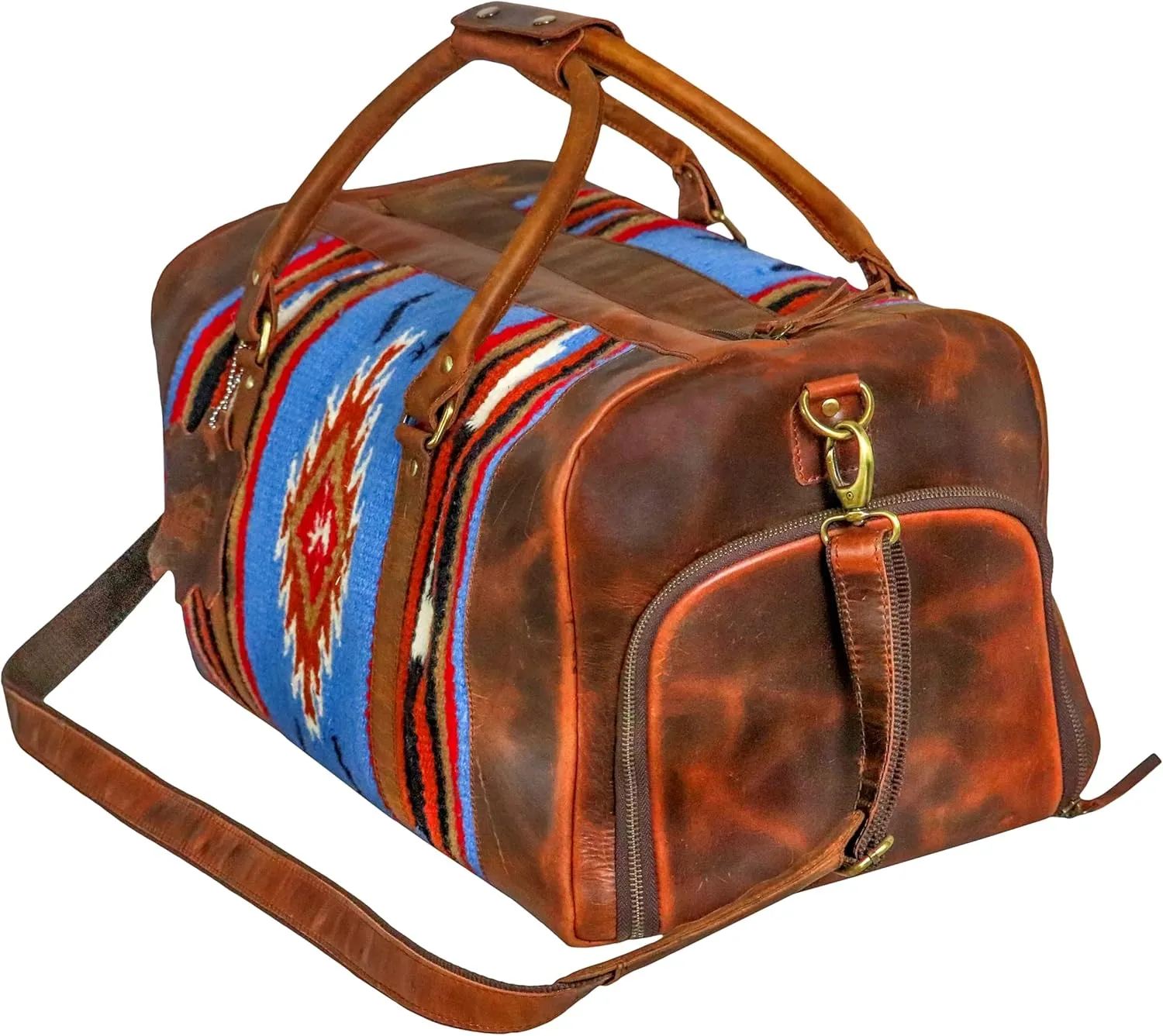 Handmade Premium Duffle Bag leather heavy duty Gym Sports Airplane Overnight Luggage Carry On Unisex Travel woven Rug Bag Wollen Bag Gift for His/Her (RUG DUFFLE BAG ARTICLE_08)