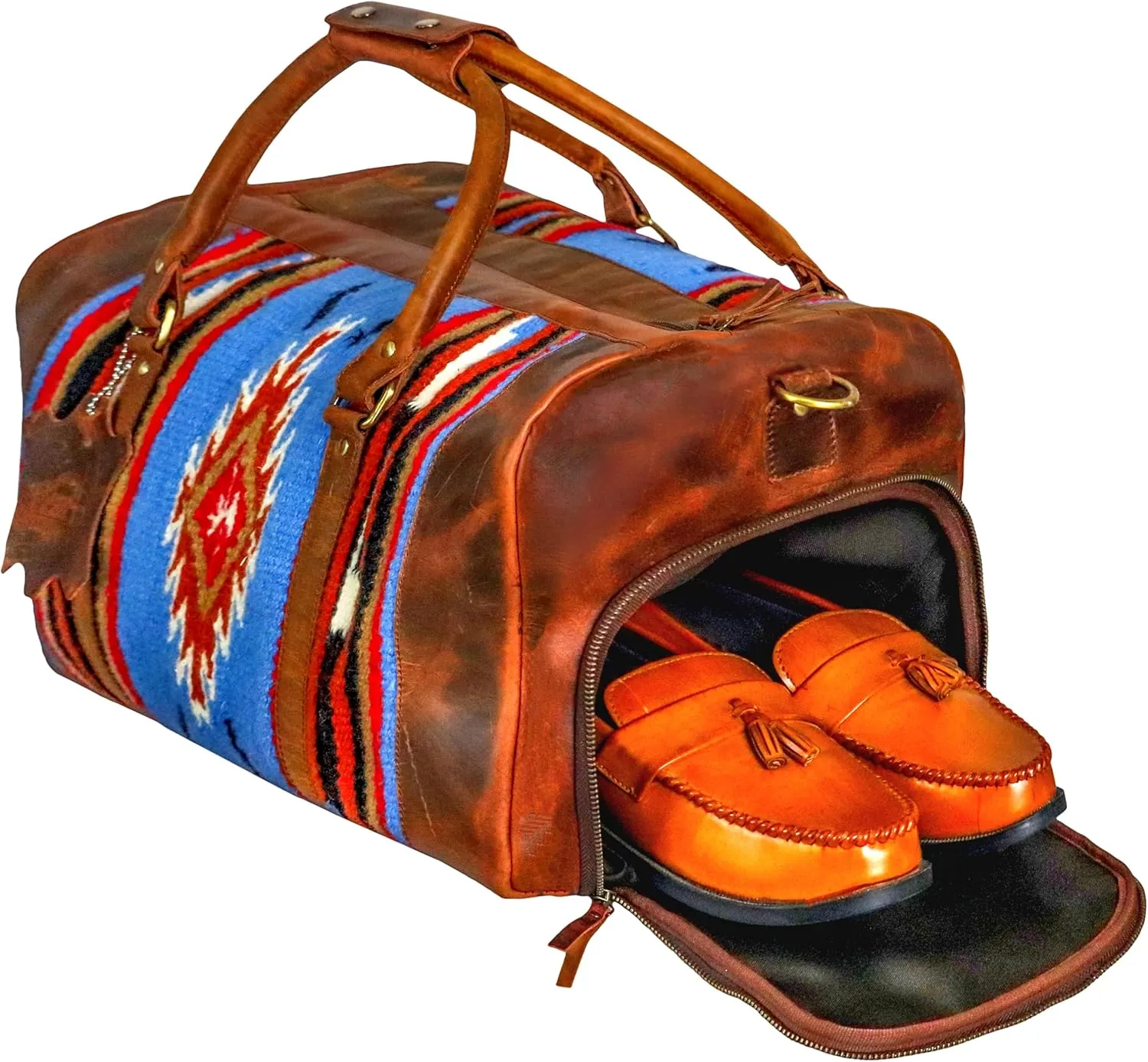 Handmade Premium Duffle Bag leather heavy duty Gym Sports Airplane Overnight Luggage Carry On Unisex Travel woven Rug Bag Wollen Bag Gift for His/Her (RUG DUFFLE BAG ARTICLE_08)