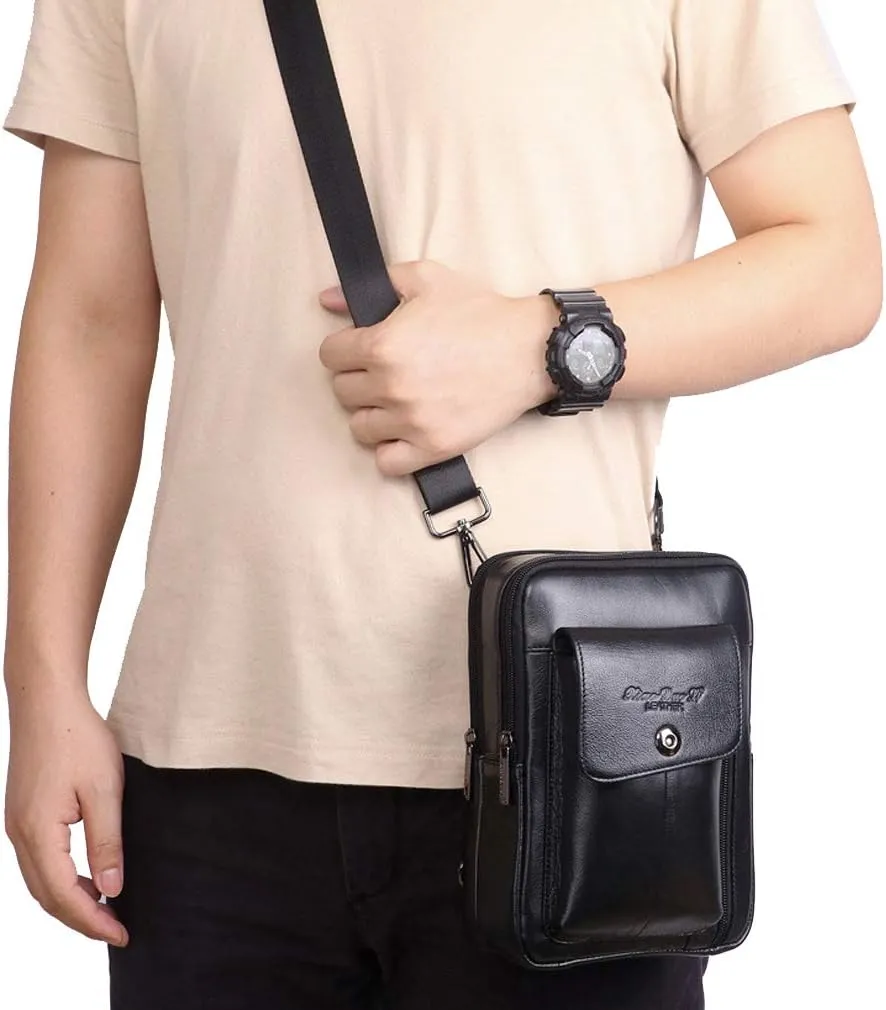 Hebetag Small Leather Sling Shoulder Bag Messenger Pack for Men Women Outdoor Travel Business