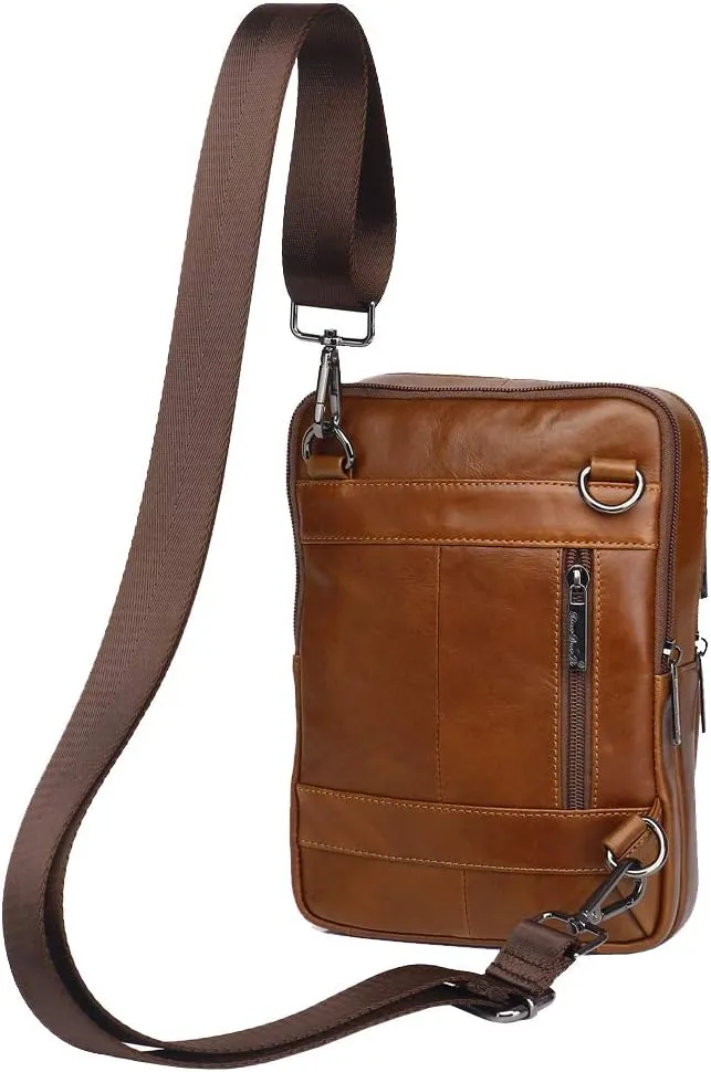 Hebetag Small Leather Sling Shoulder Bag Messenger Pack for Men Women Outdoor Travel Business