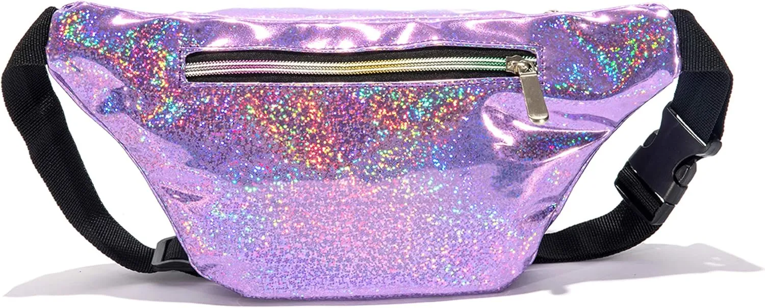 Holographic 80s 90S Rave Stars Neon Transparent Gravel Fanny Pack for Women - Great Waist Pack for Games, Concerts, Rave, Festival, Travel
