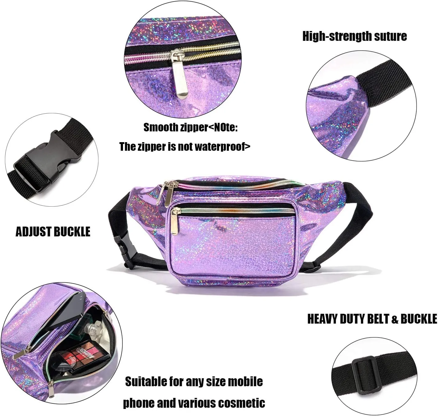 Holographic 80s 90S Rave Stars Neon Transparent Gravel Fanny Pack for Women - Great Waist Pack for Games, Concerts, Rave, Festival, Travel