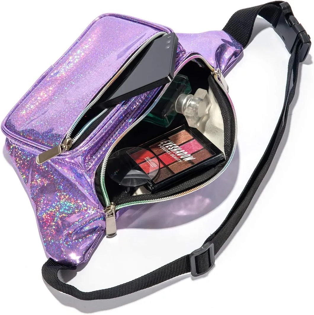 Holographic 80s 90S Rave Stars Neon Transparent Gravel Fanny Pack for Women - Great Waist Pack for Games, Concerts, Rave, Festival, Travel