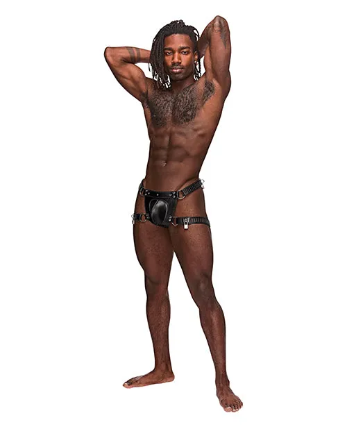 Leather Scorpio Adjustable Waist & Leg Band Thong Black O/S